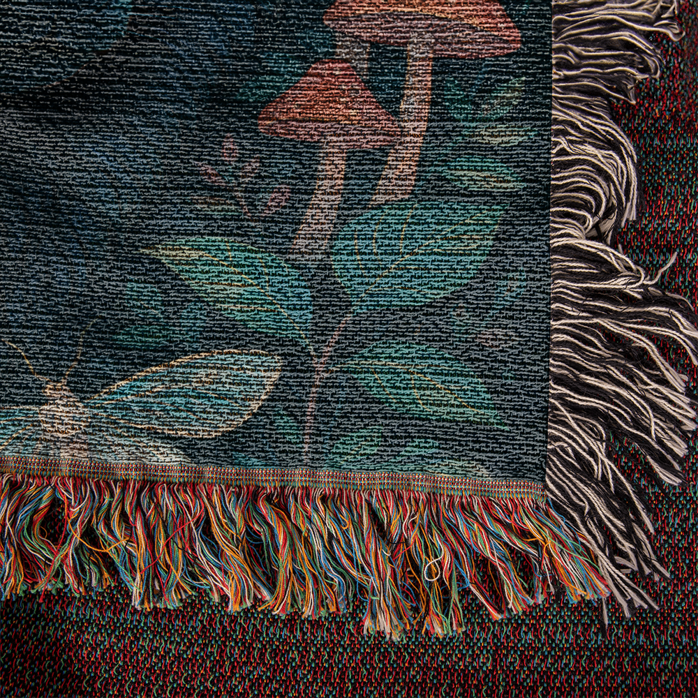 Premium Woven Cotton Throw – Enchanted Forest Scene with Black Wolf, Raven and Crescent Moon