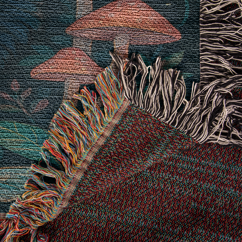 Premium Woven Cotton Throw – Enchanted Forest Scene with Black Wolf, Raven and Crescent Moon