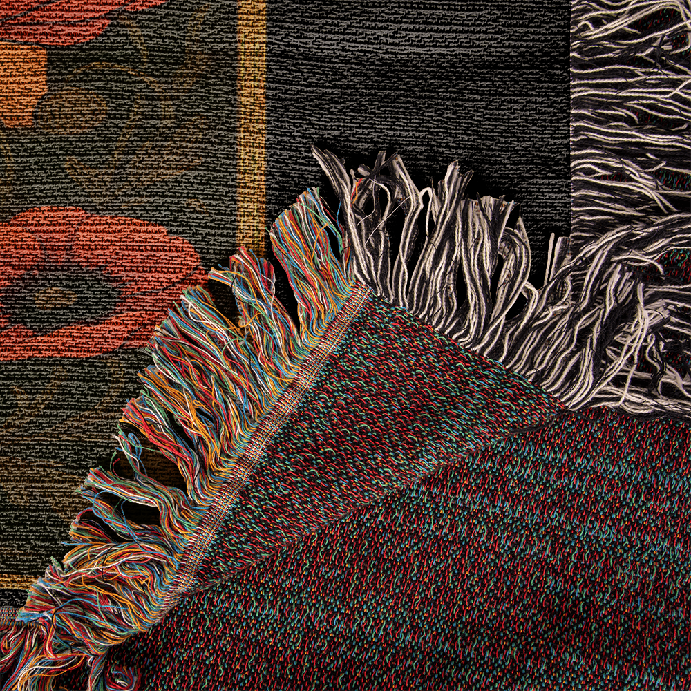 Premium Woven Cotton Throw – Skeleton Lovers with Poppy Garland Frame, Sunset Scene & The Lovers Caption