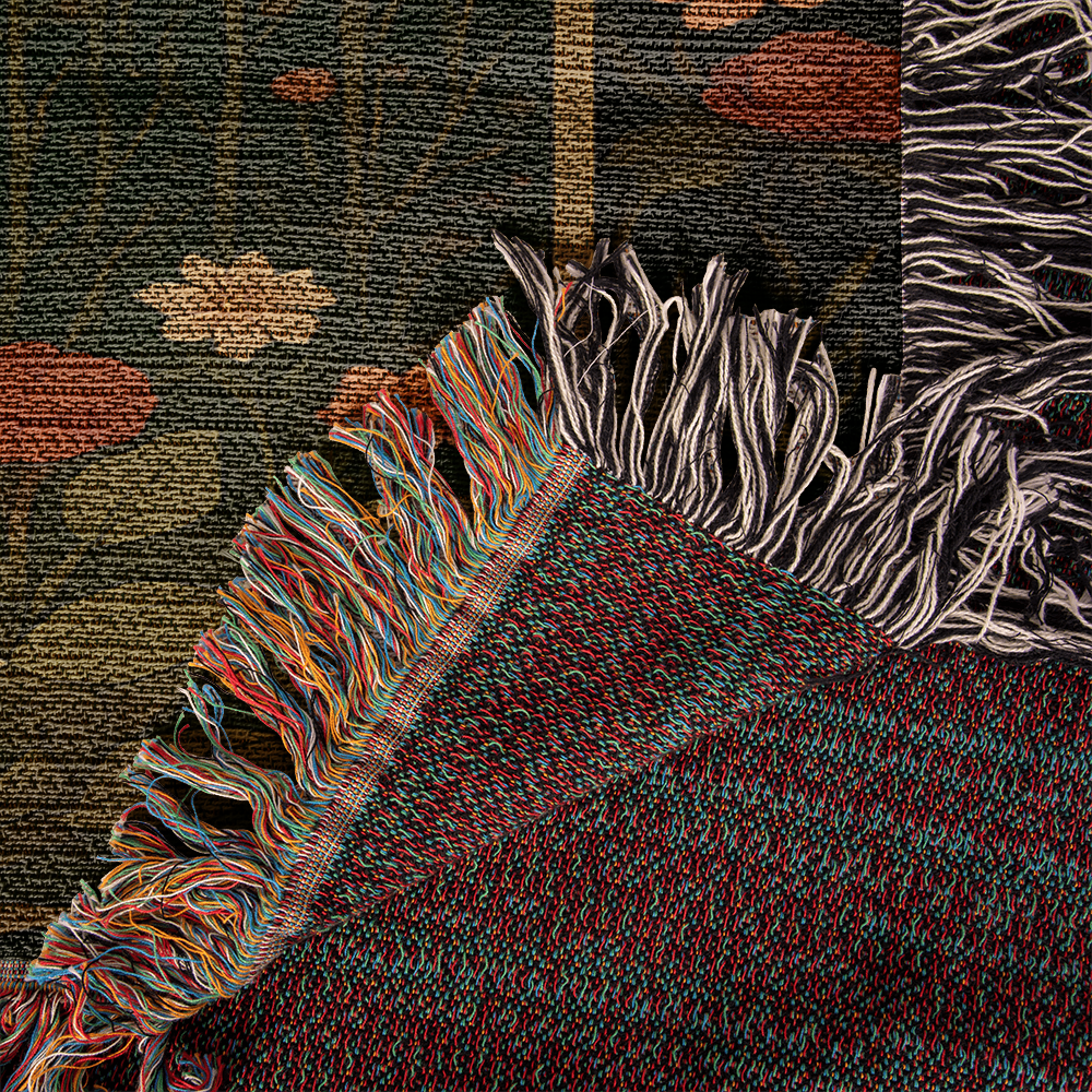 100% Cotton Woven Blanket – Enchanted White Deer with Mountain Clouds and Floral Accents