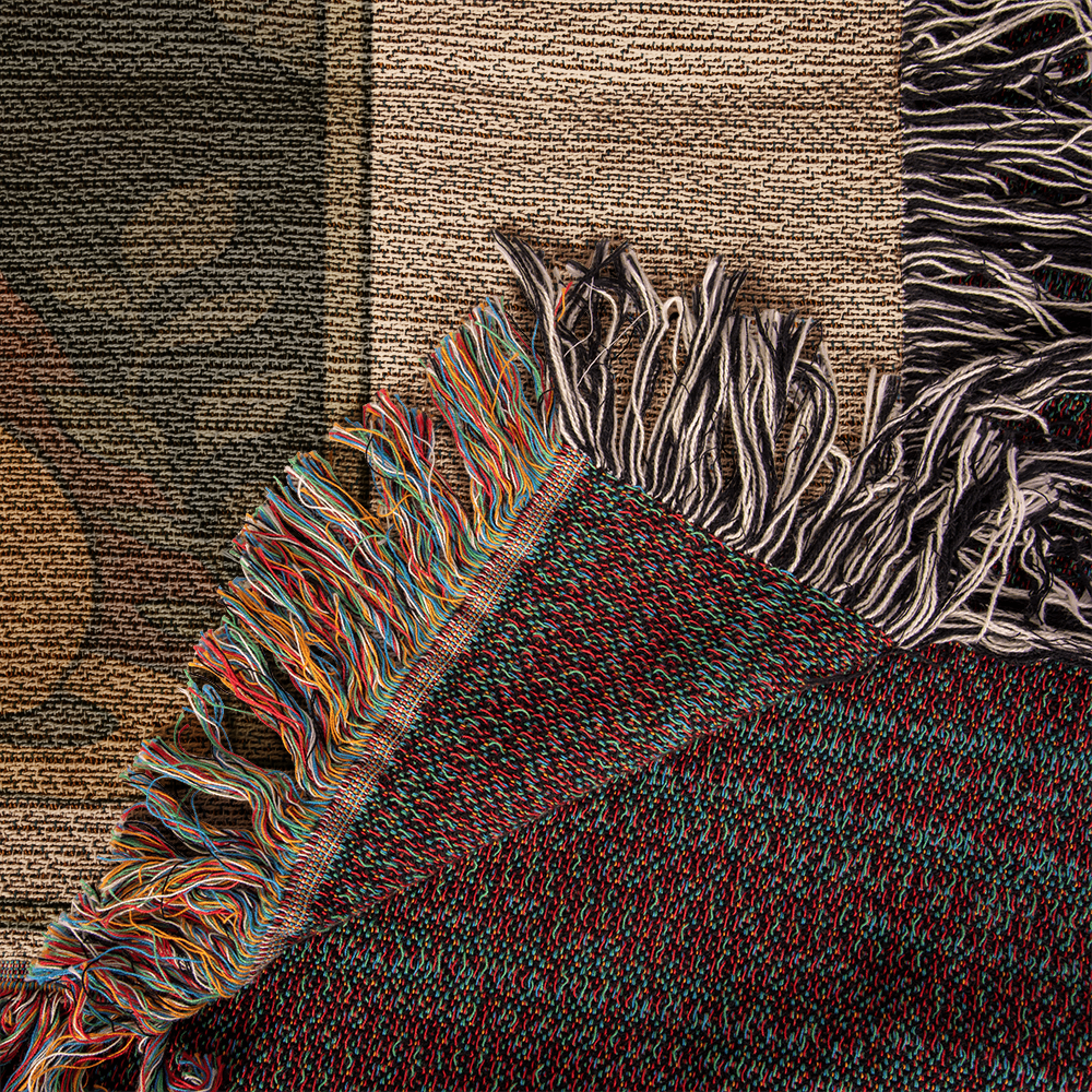 Premium Woven Cotton Throw – Skeleton Cat Lady Dressed in Red Roses with Four Cats, “Cat Lady” Card Artwork