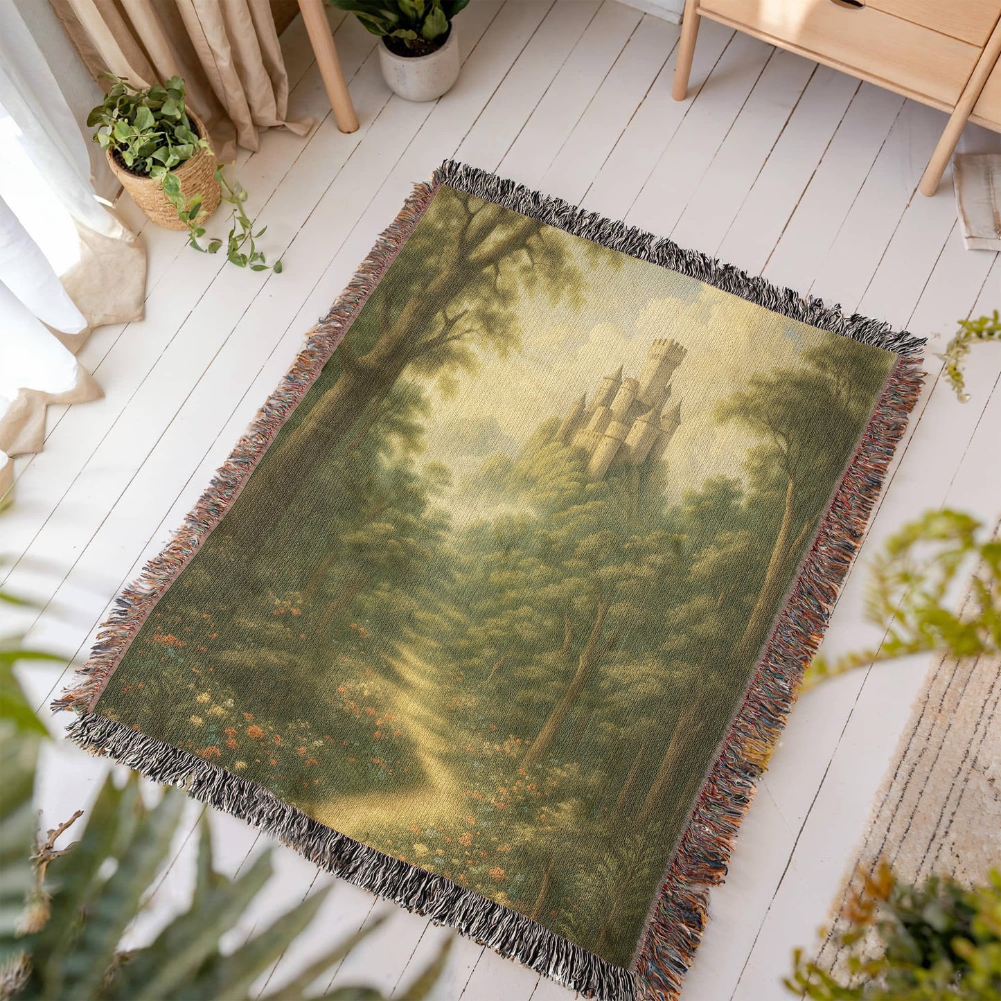 Premium Woven Cotton Throw – Fantasy Castle Rising above Trees on Hill