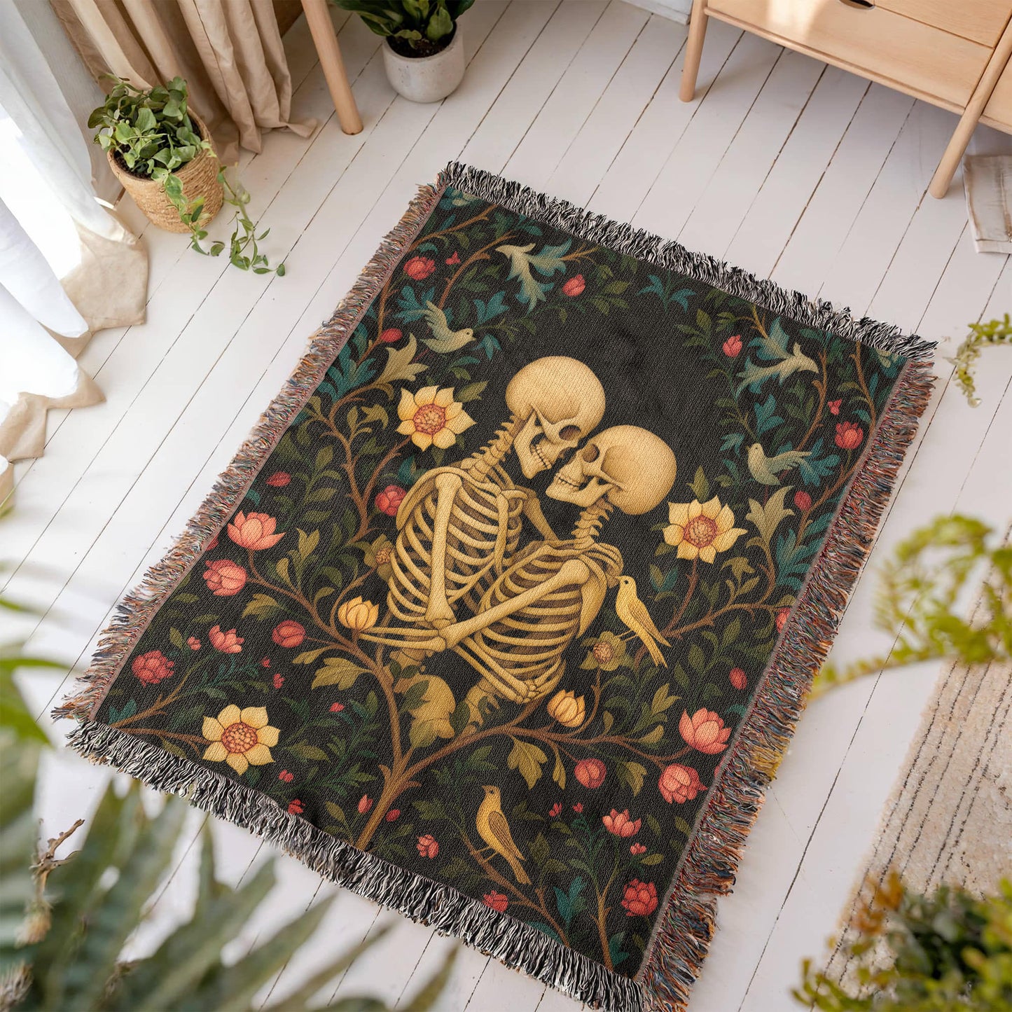 Premium Woven Cotton Throw – Skeleton Lovers in Enchanted Floral Border