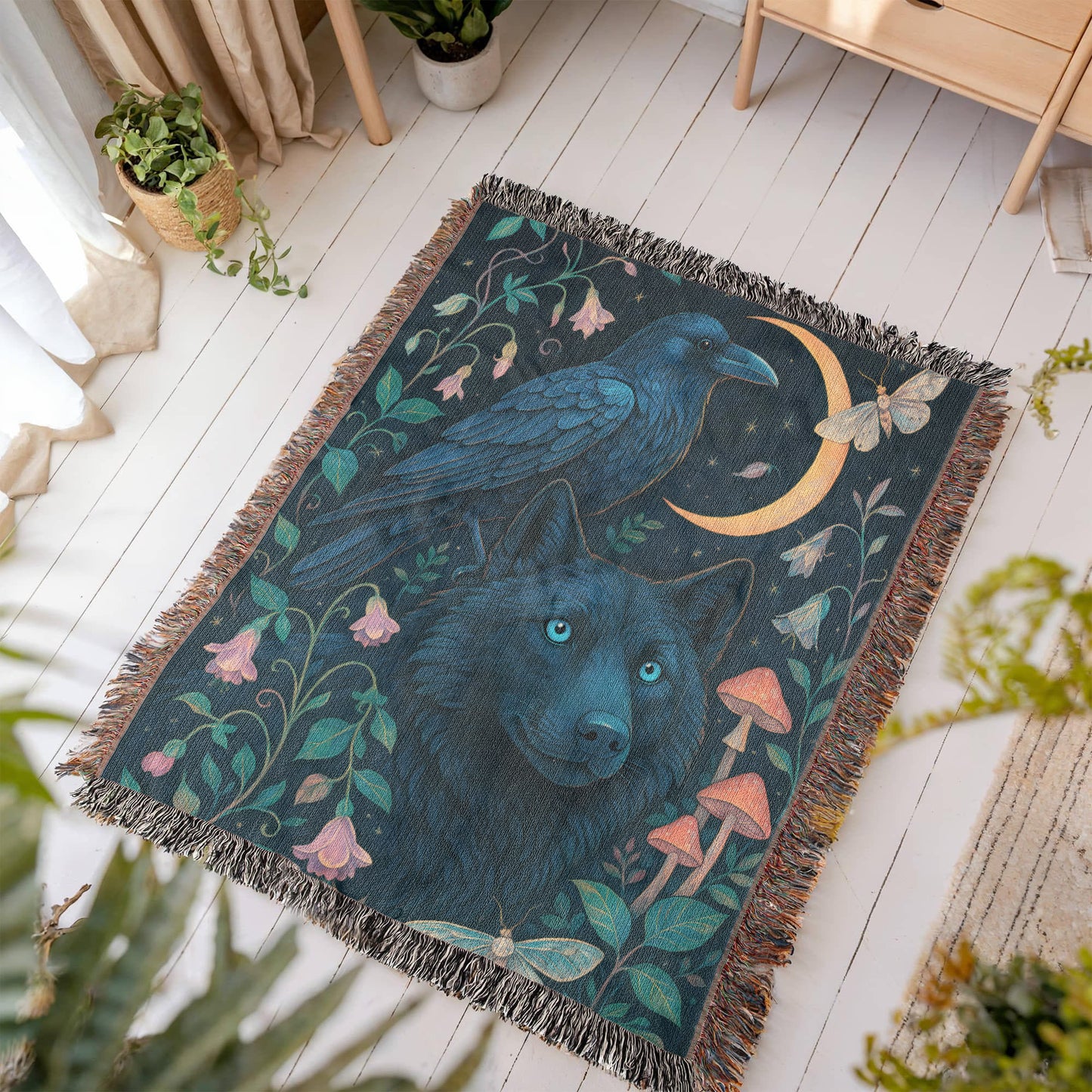 Premium Woven Cotton Throw – Enchanted Forest Scene with Black Wolf, Raven and Crescent Moon