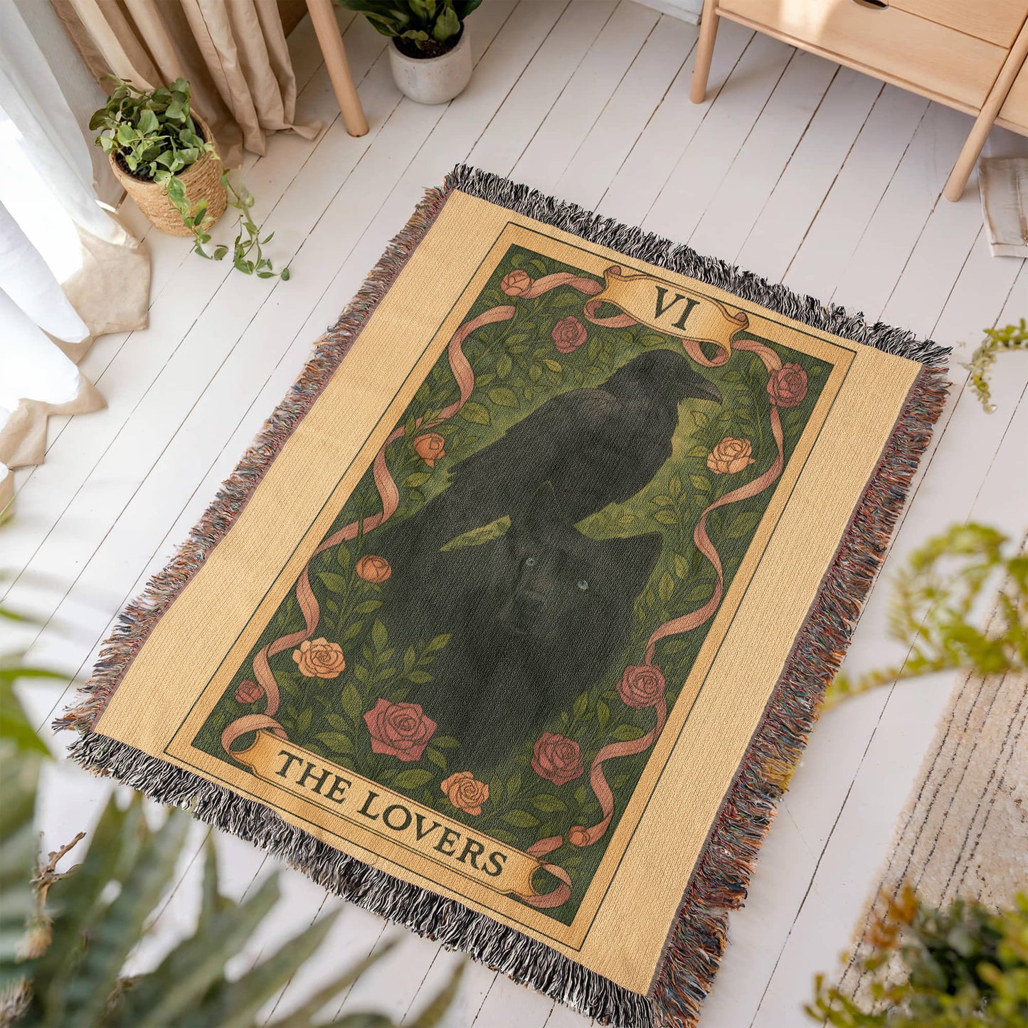 100% Cotton Woven Blanket – Mystic Black Wolf and Raven on Grass & Flowers, The Lovers Card VI