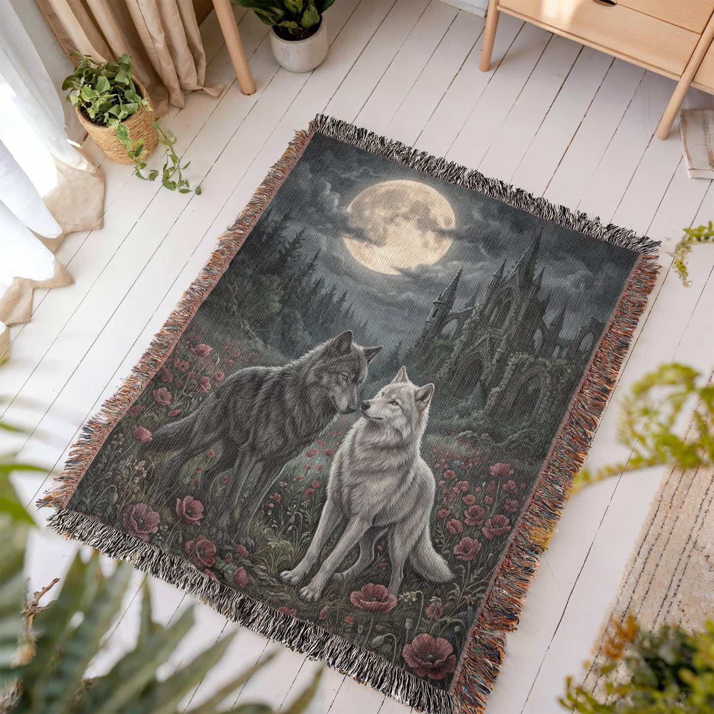 Gothic Wolf Couple Woven Blanket – Moonlit Castle, Poppy Field Tapestry