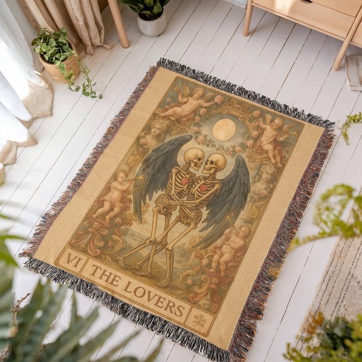 100% Cotton Woven Blanket – Gothic Skeleton Couple with Black Wings Surrounded by Cherubs, The Lovers Card Design