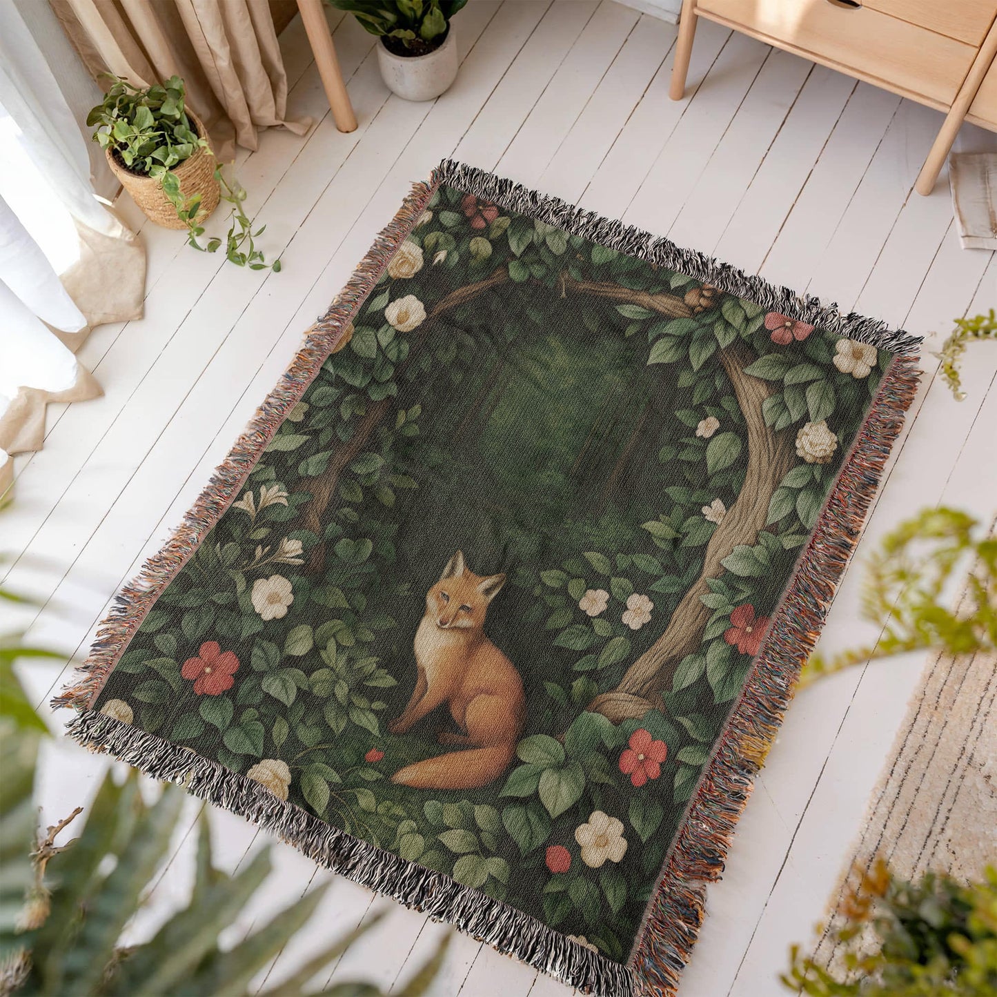 Cotton Woven Blanket – Woodland Fox among Leaves and Flowers