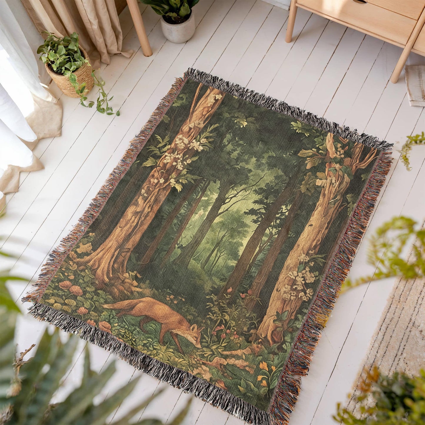 100% Cotton Woven Blanket – Enchanted Fox on Flowered Clearing in Woodland