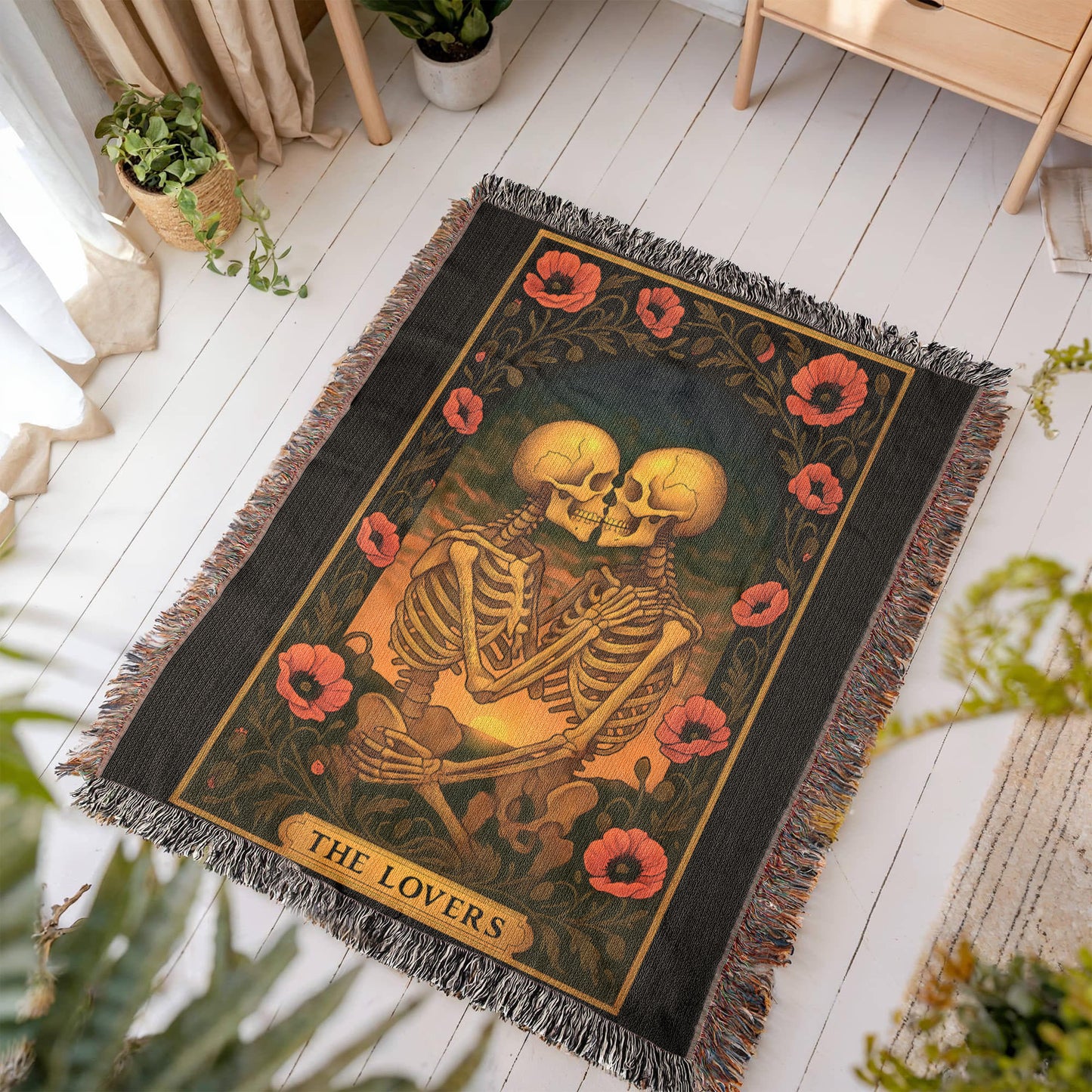 Premium Woven Cotton Throw – Skeleton Lovers with Poppy Garland Frame, Sunset Scene & The Lovers Caption