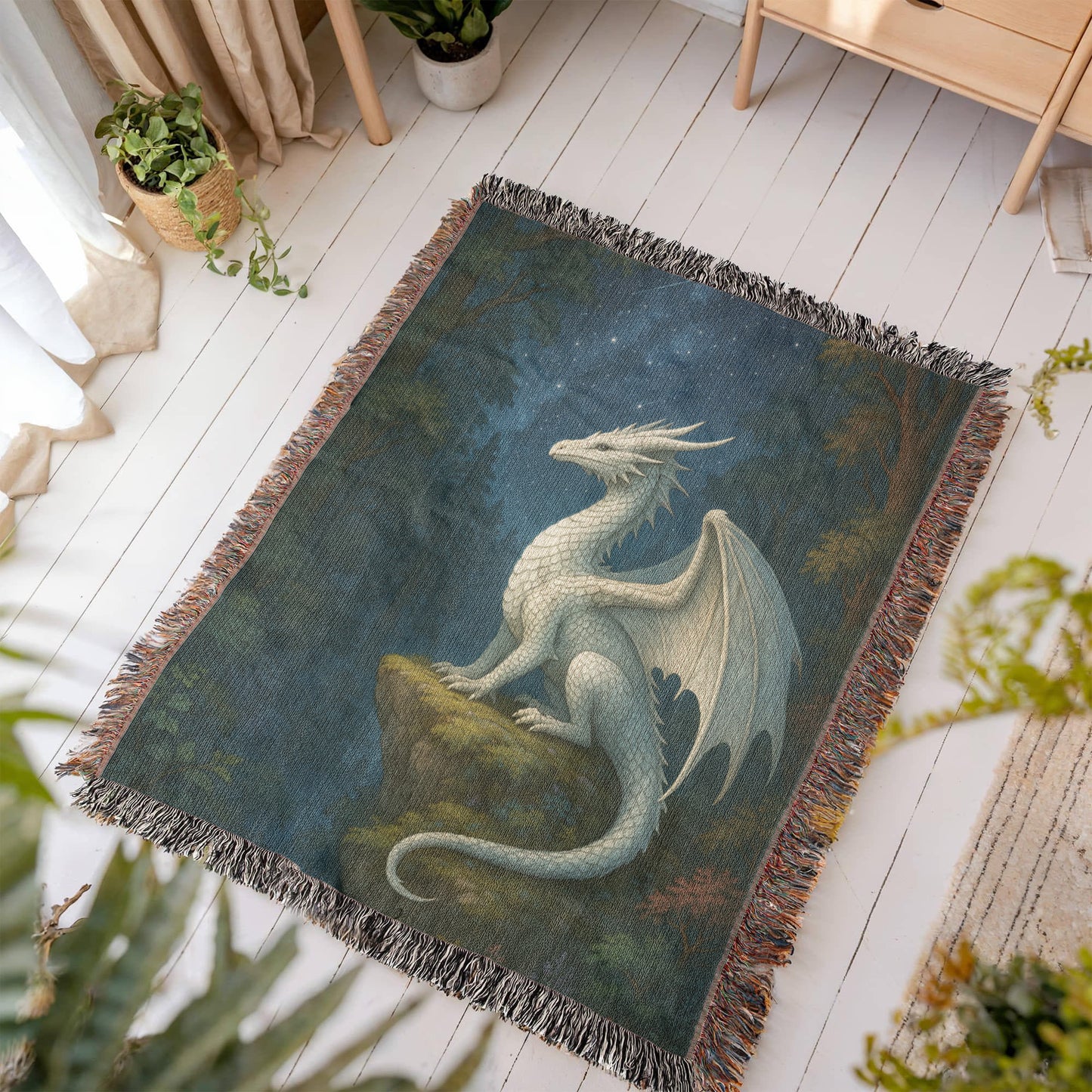 100% Cotton Woven Blanket – White Dragon Perched on Woodland Cliff under Stars