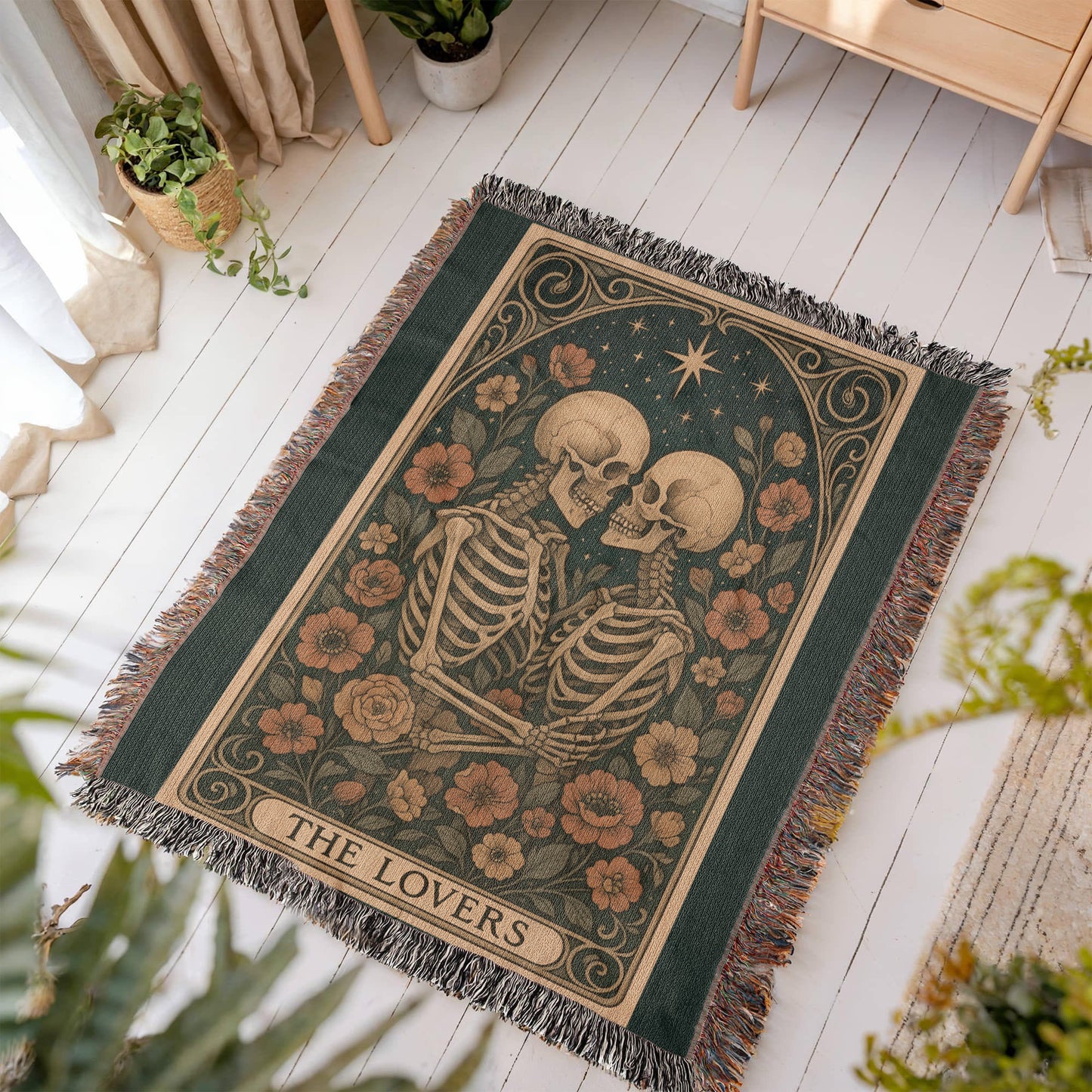 Woven Cotton Blanket – Enchanted Skeleton Couple in Floral Starry Scene, The Lovers Artwork