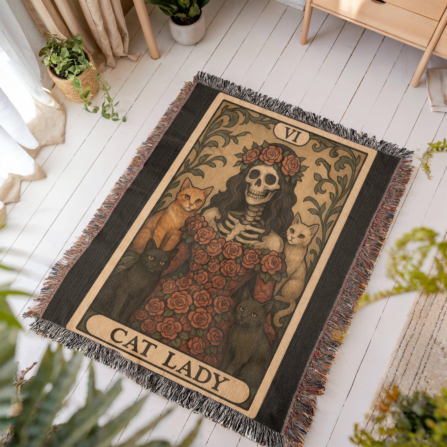100% Cotton Woven Blanket – Gothic Skeleton Cat Lady Wearing Red Roses Gown with Four Cats, Cat Lady Card Style