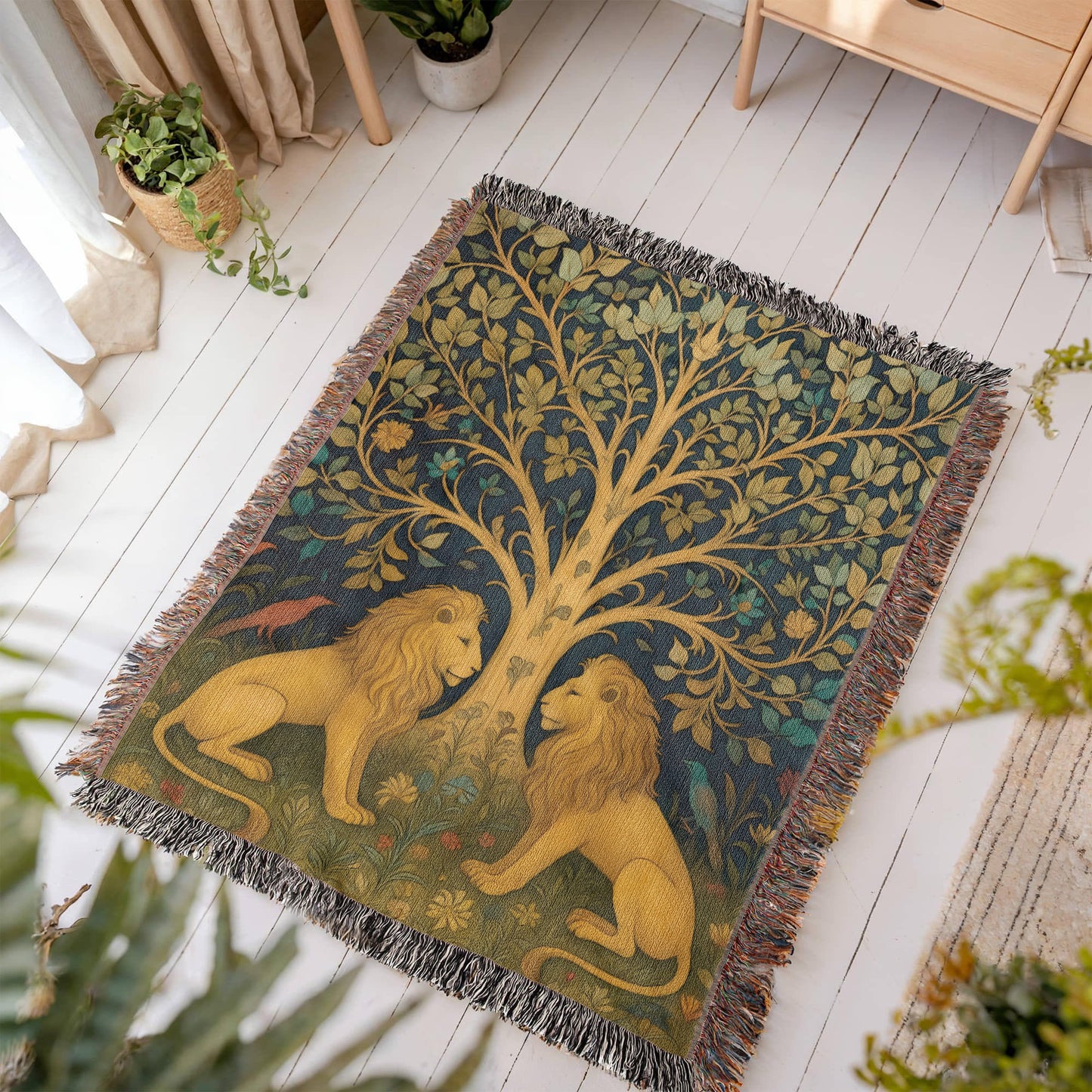 100% Cotton Woven Blanket – Majestic Lions under Forest Tree Gazing at One Another