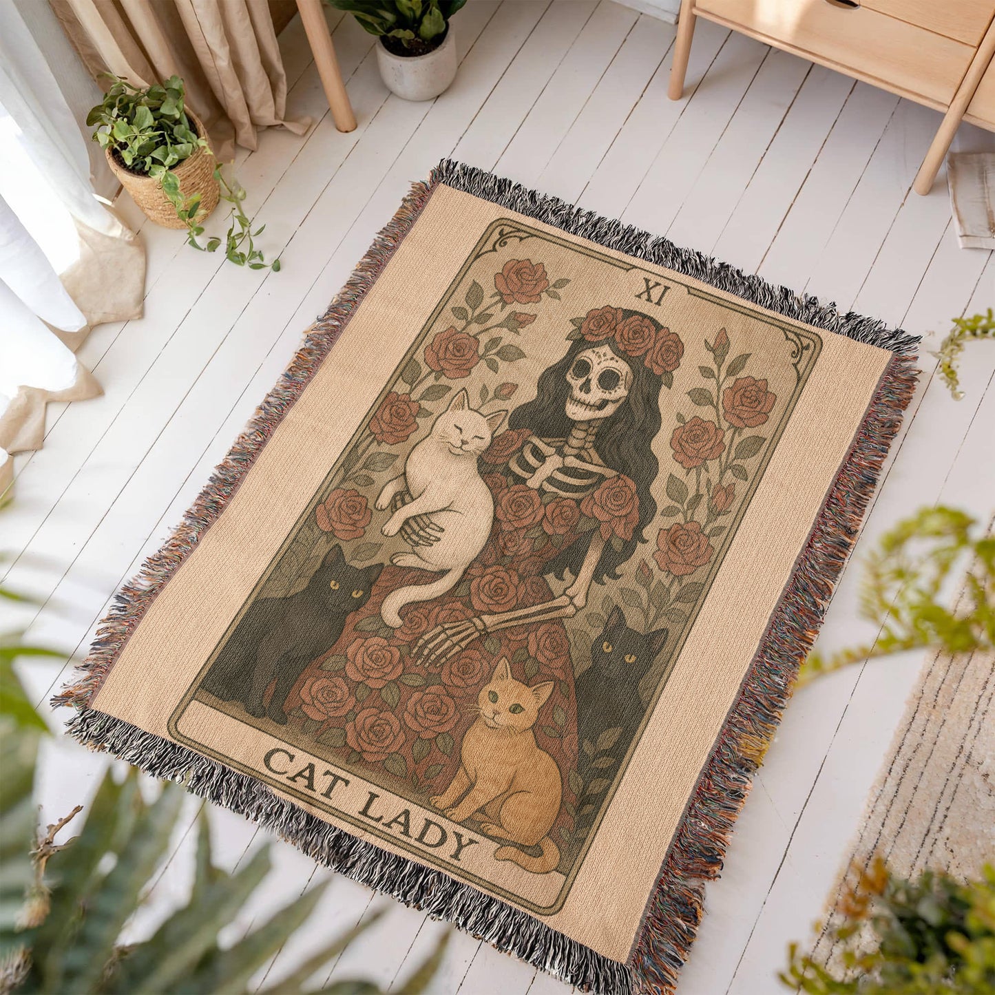 Premium Woven Cotton Throw – Skeleton Cat Lady Dressed in Red Roses with Four Cats, “Cat Lady” Card Artwork