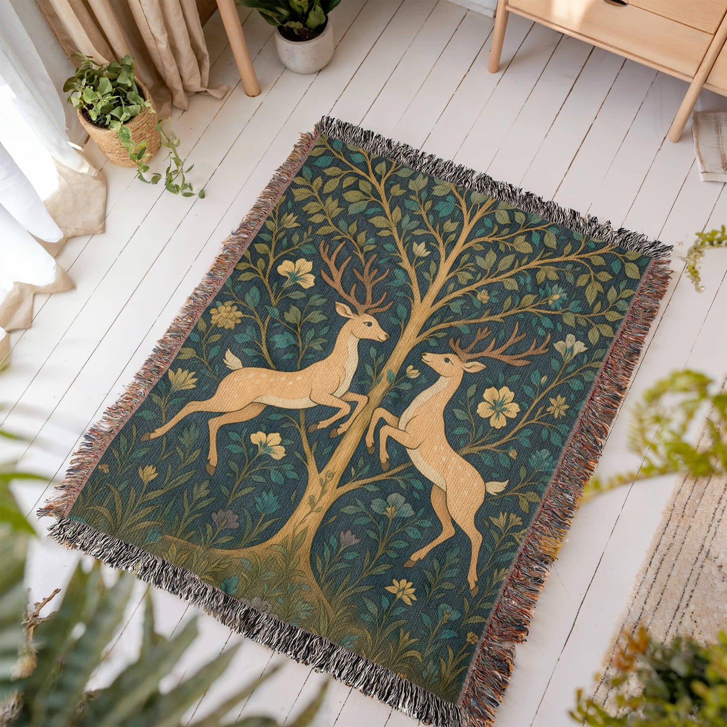 Premium Woven Cotton Throw – Fantasy Deer Duo Rearing Face to Face under Enchanted Tree