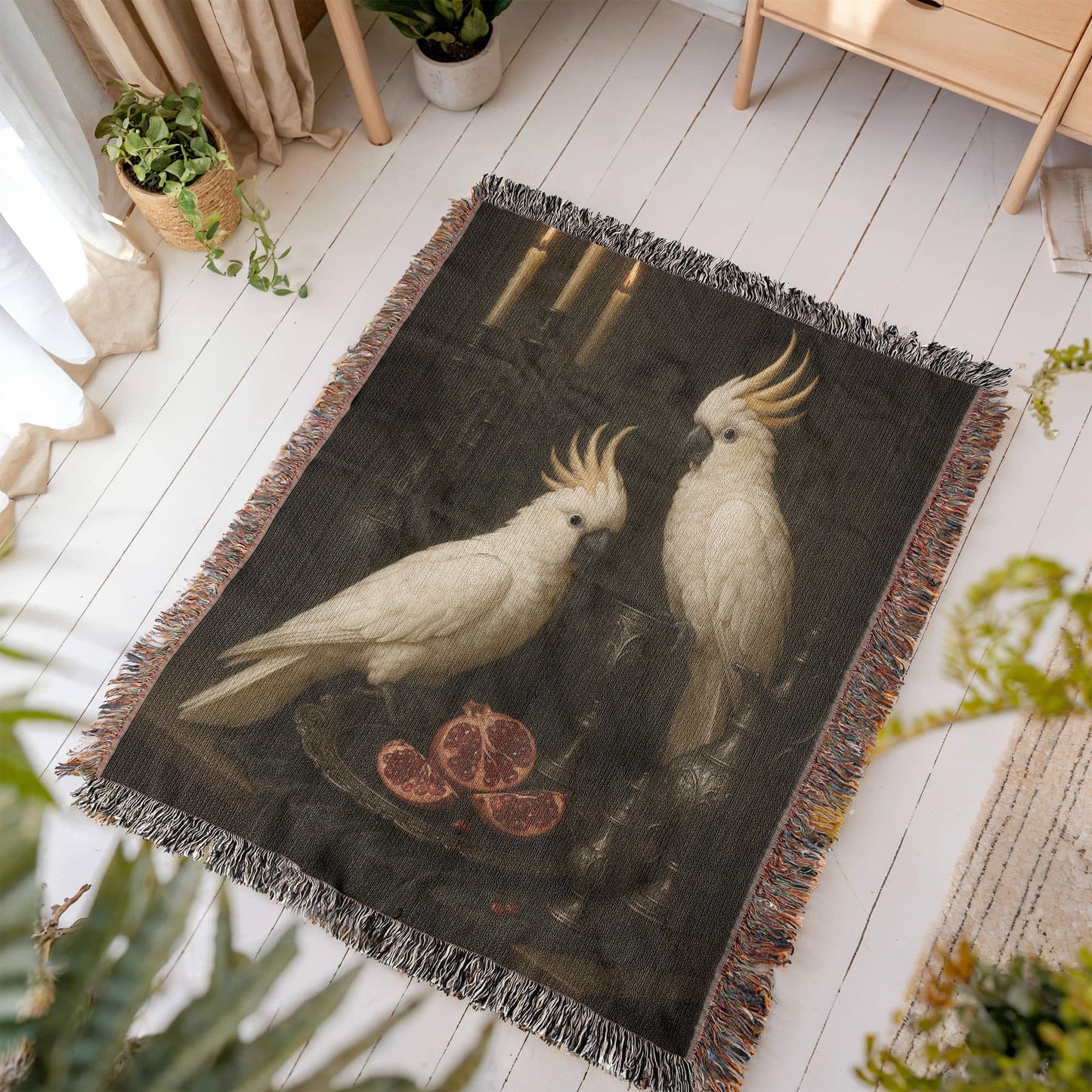 100% Cotton Woven Blanket – White Parrots on Table with Two Halved Pomegranates, Bronze Cup and Jug