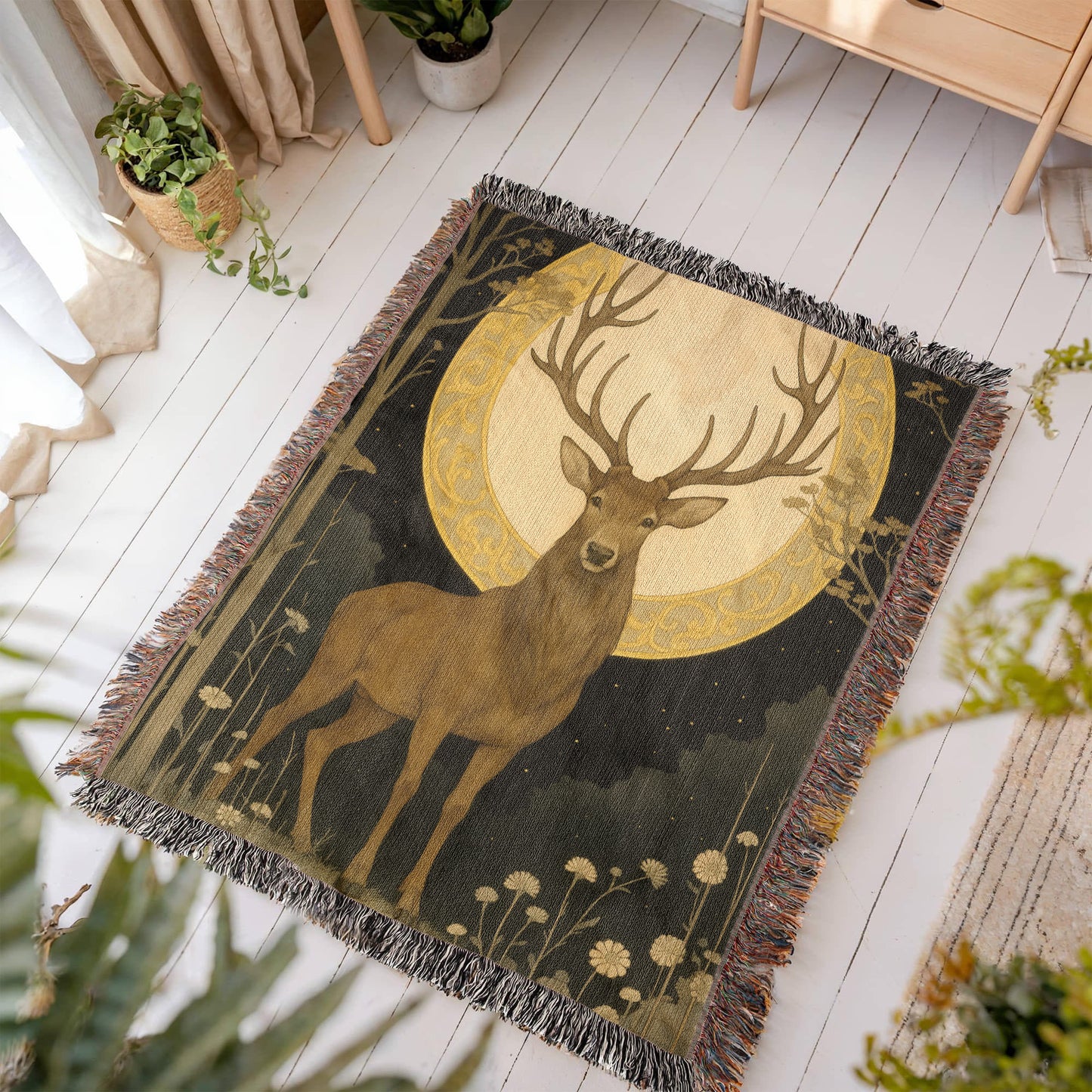 100% Cotton Woven Blanket – Majestic Deer on Night Meadow under Full Moon