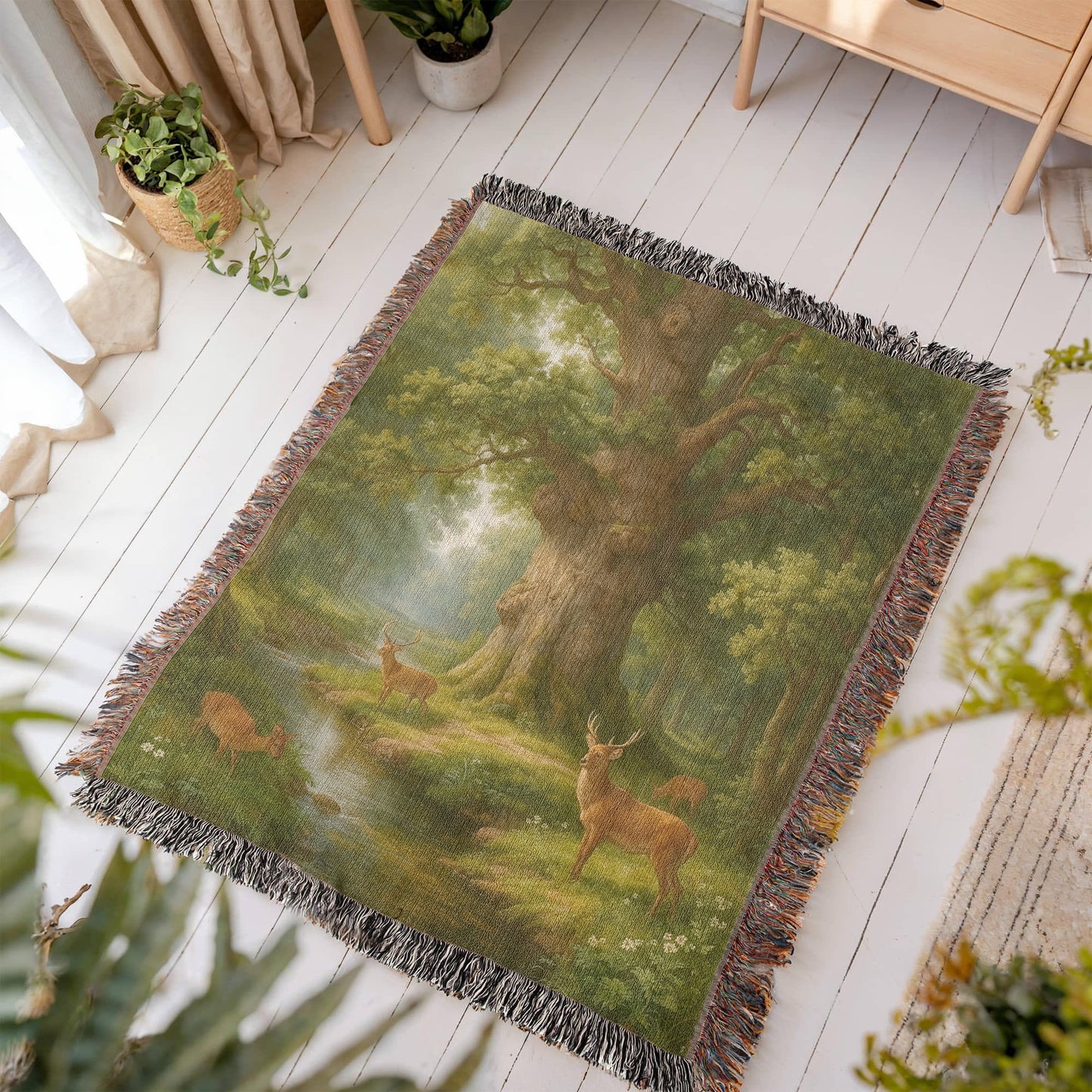 Premium Woven Cotton Throw – Deer Gathering at Stream under Towering Tree