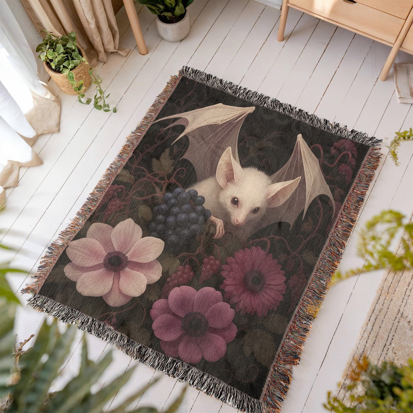 100% Cotton Woven Blanket – Bat Resting in Blooming Flowers