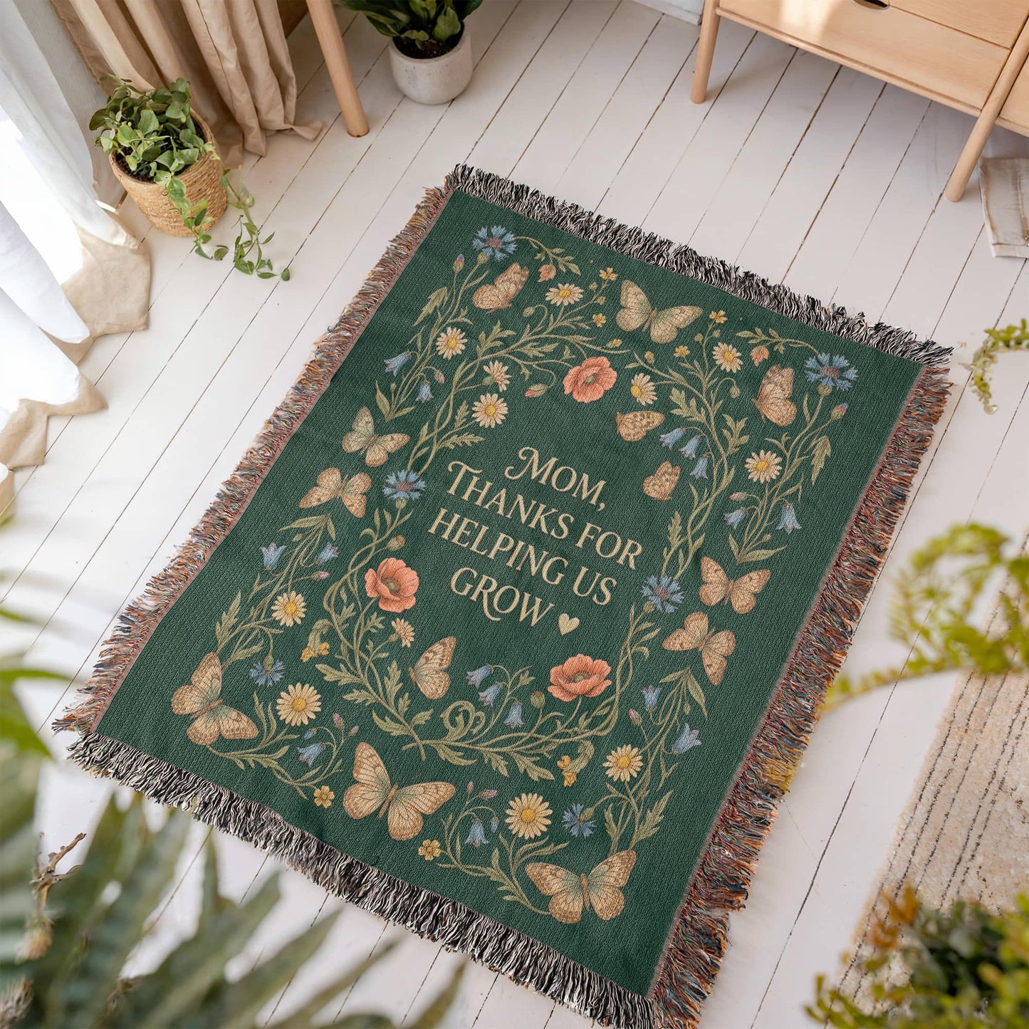 100% Cotton Woven Blanket – Mom Thanks for Helping Us Grow, Emerald Wildflower Throw Gift