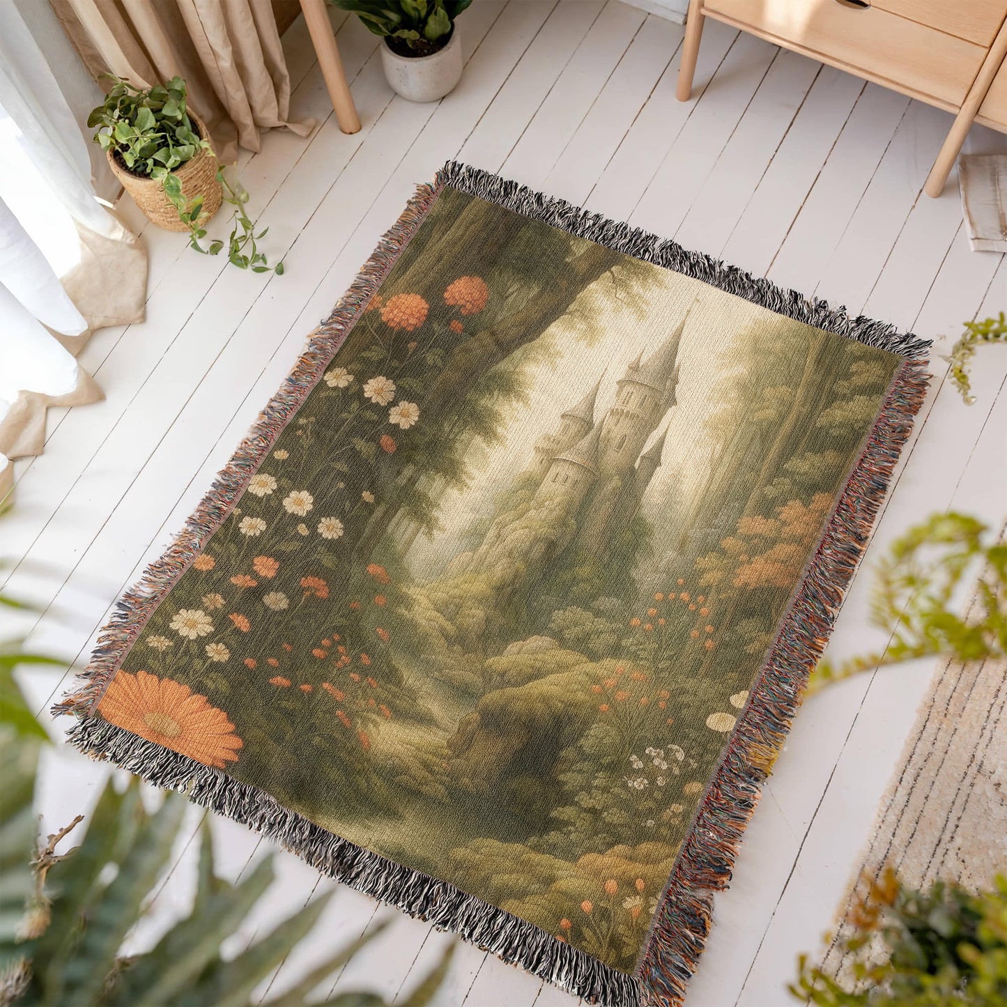 100% Cotton Woven Blanket – Fairytale Castle among Woodland Trees and Blossoms
