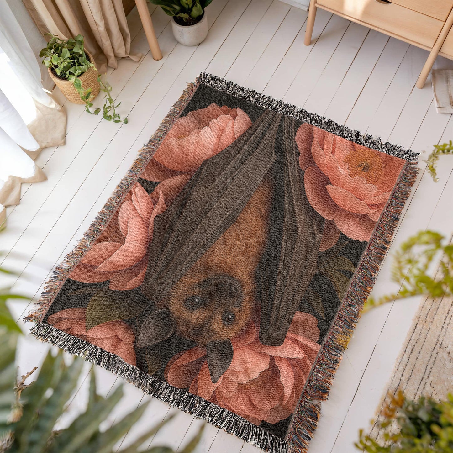 Premium Woven Cotton Throw – Bat Nestled among Vibrant Flowers