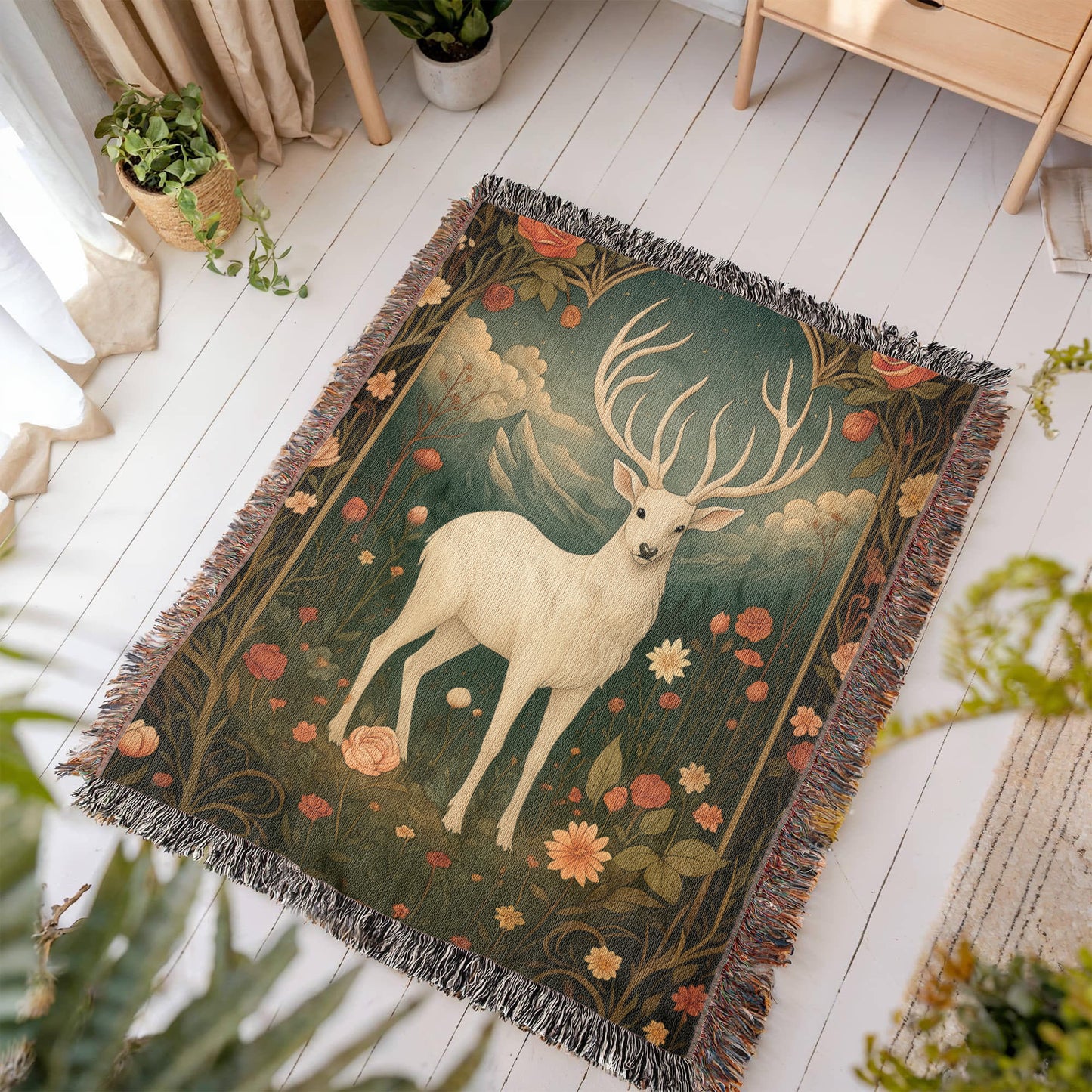 100% Cotton Woven Blanket – Enchanted White Deer with Mountain Clouds and Floral Accents