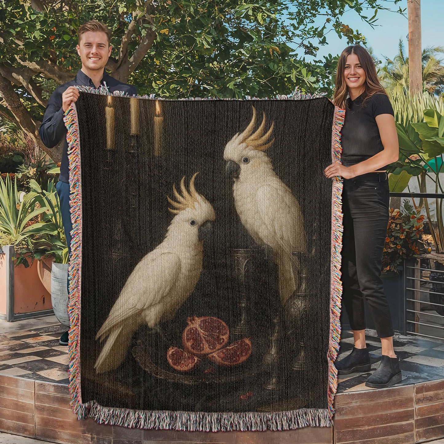 100% Cotton Woven Blanket – White Parrots on Table with Two Halved Pomegranates, Bronze Cup and Jug