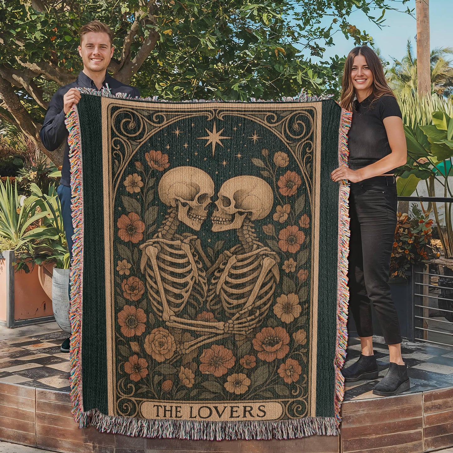 Woven Cotton Blanket – Enchanted Skeleton Couple in Floral Starry Scene, The Lovers Artwork
