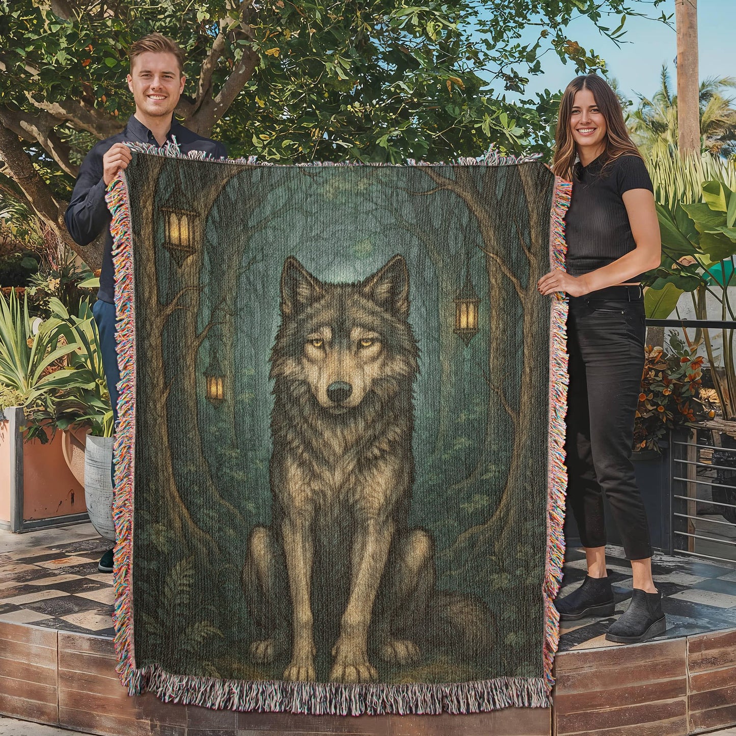 Woven Cotton Blanket – Serene Wolf in Forest under Lantern-Illuminated Trees