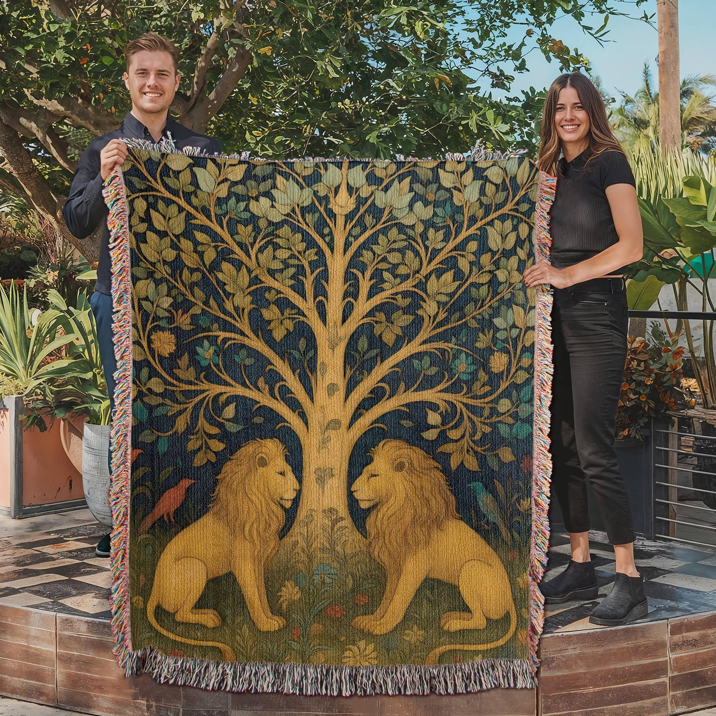 100% Cotton Woven Blanket – Majestic Lions under Forest Tree Gazing at One Another