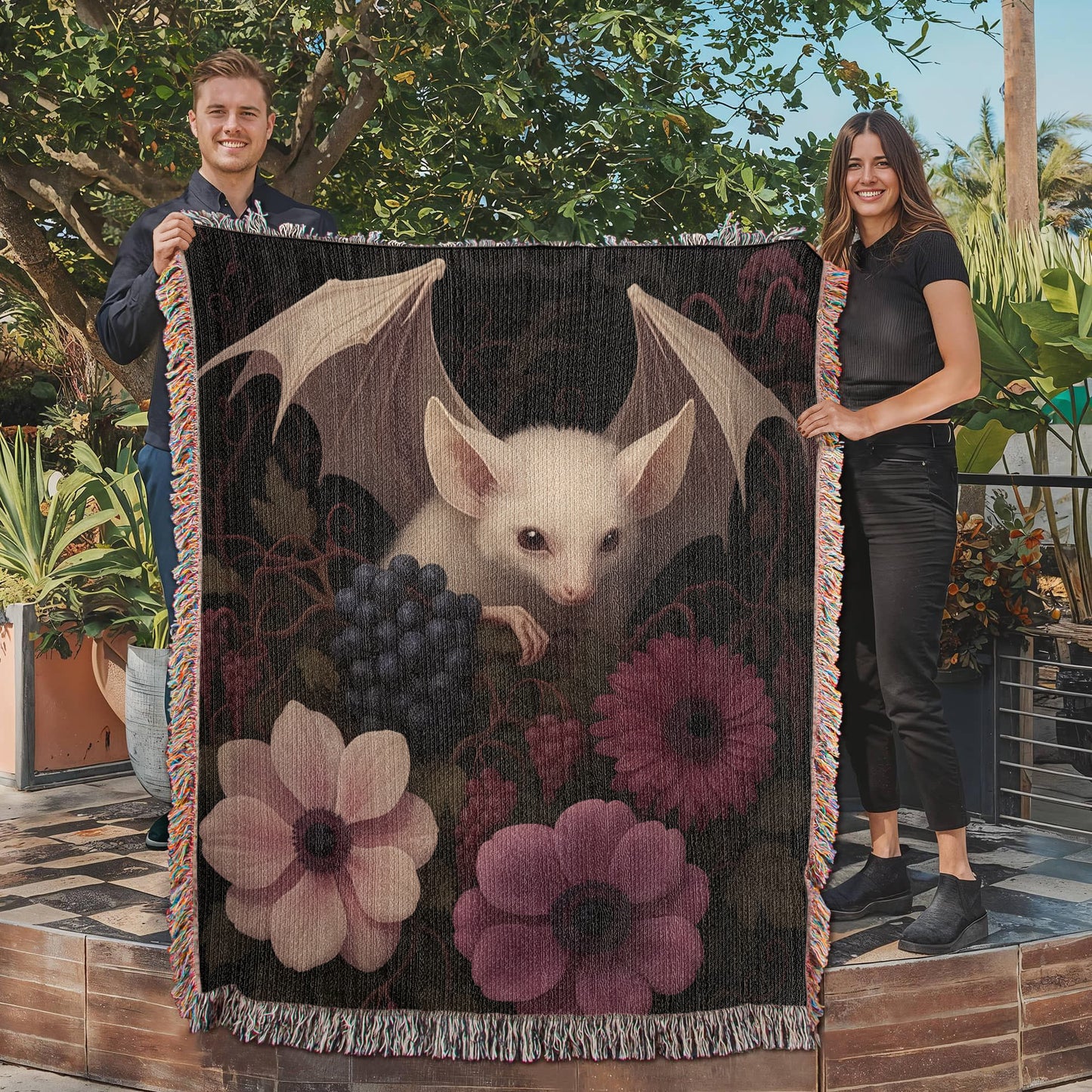 100% Cotton Woven Blanket – Bat Resting in Blooming Flowers