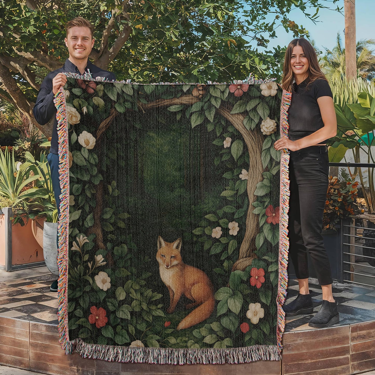 Cotton Woven Blanket – Woodland Fox among Leaves and Flowers