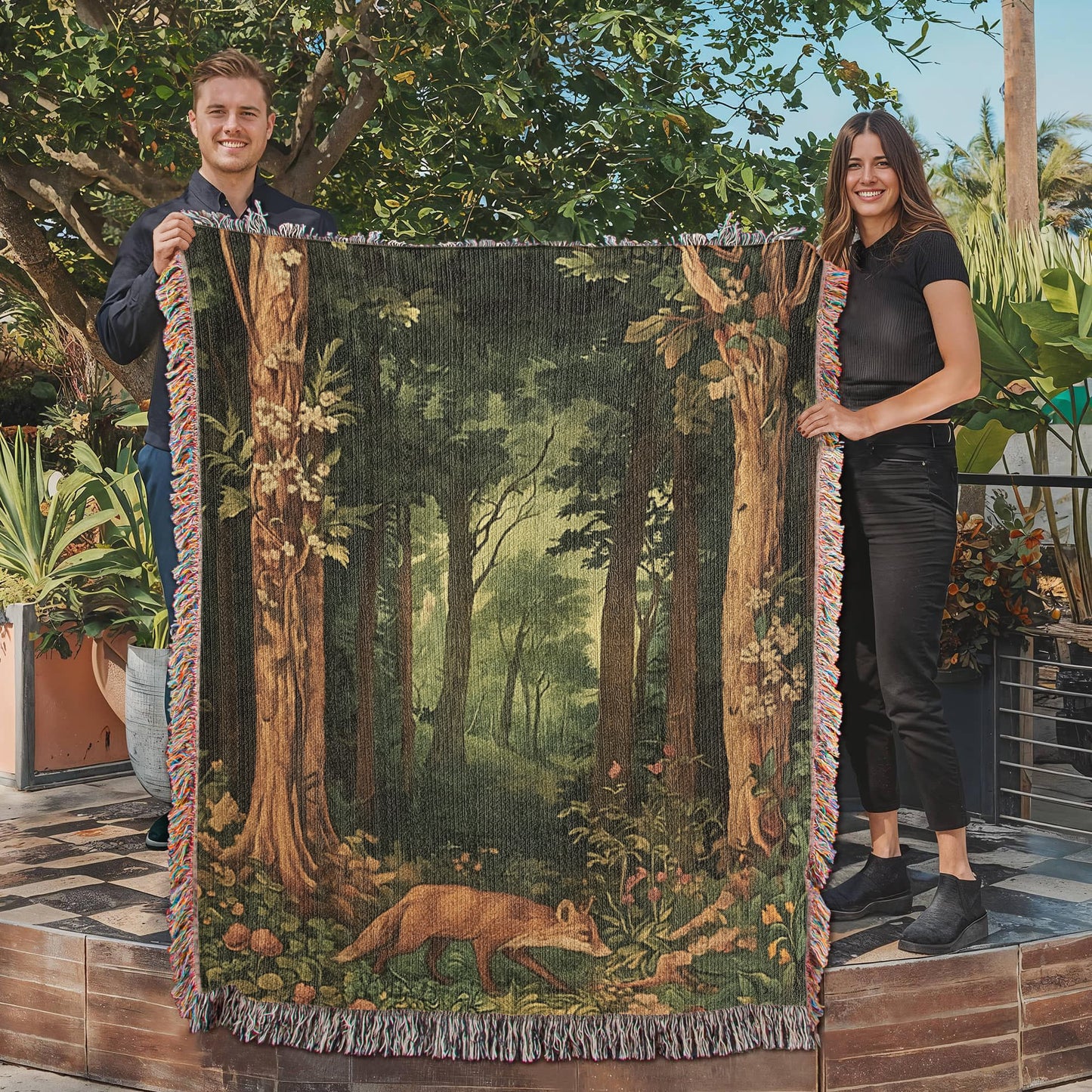 100% Cotton Woven Blanket – Enchanted Fox on Flowered Clearing in Woodland