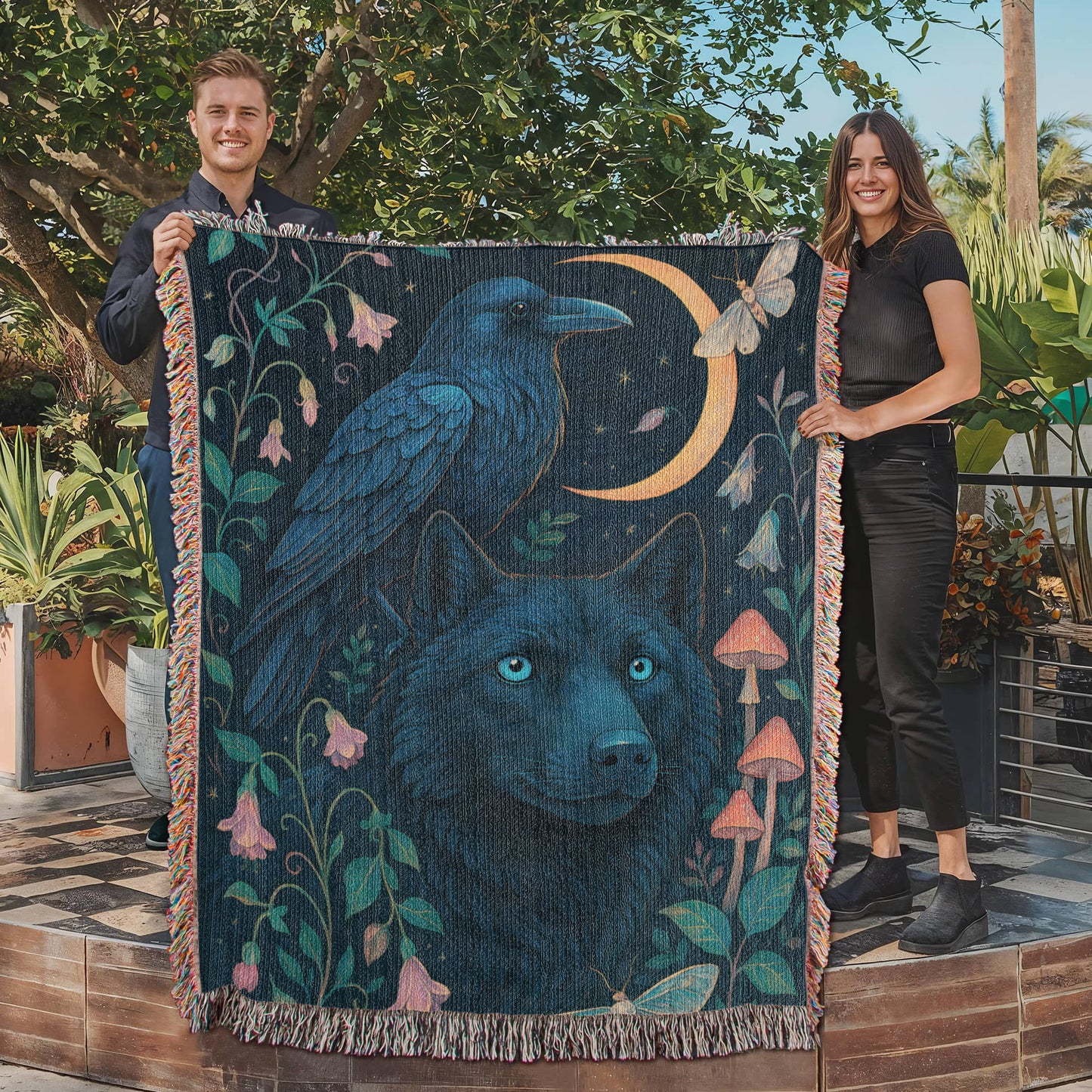 Premium Woven Cotton Throw – Enchanted Forest Scene with Black Wolf, Raven and Crescent Moon
