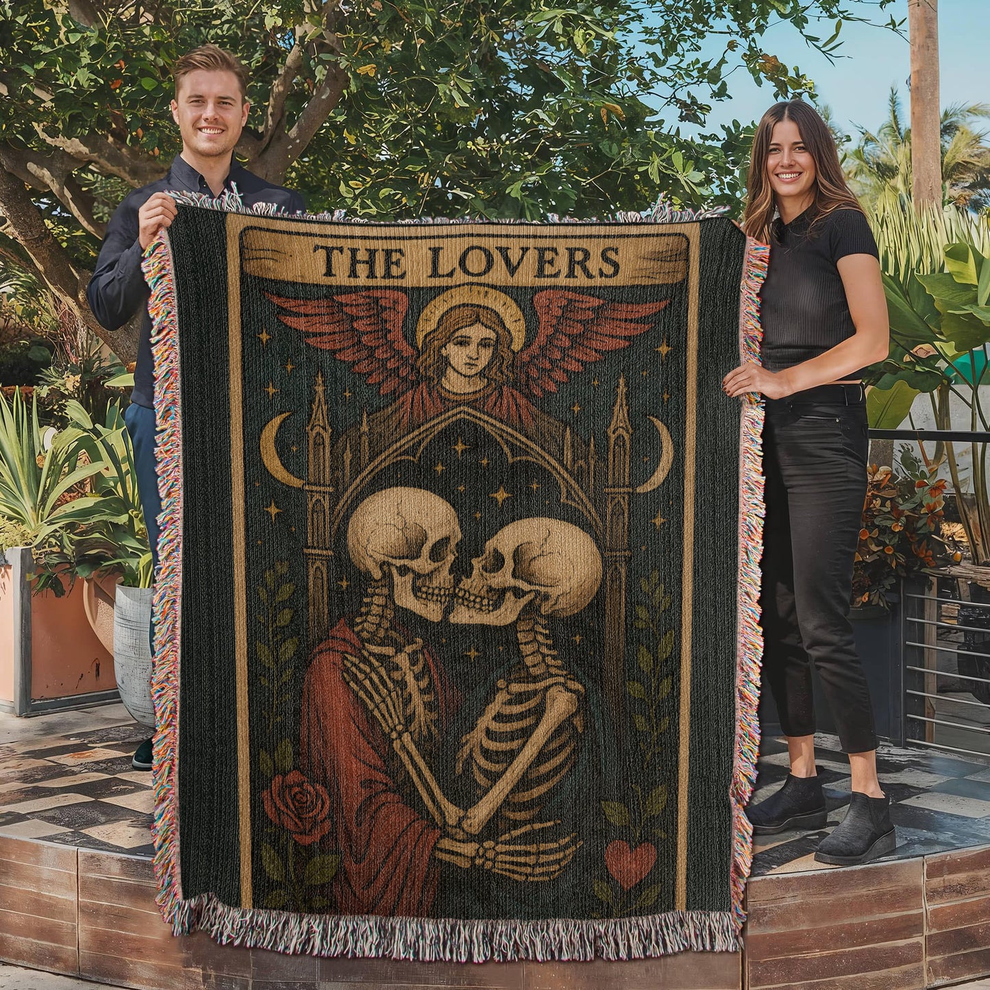 100% Cotton Woven Blanket – Gothic Skeleton Couple under Moon and Stars with Winged Angel, The Lovers Tarot Style