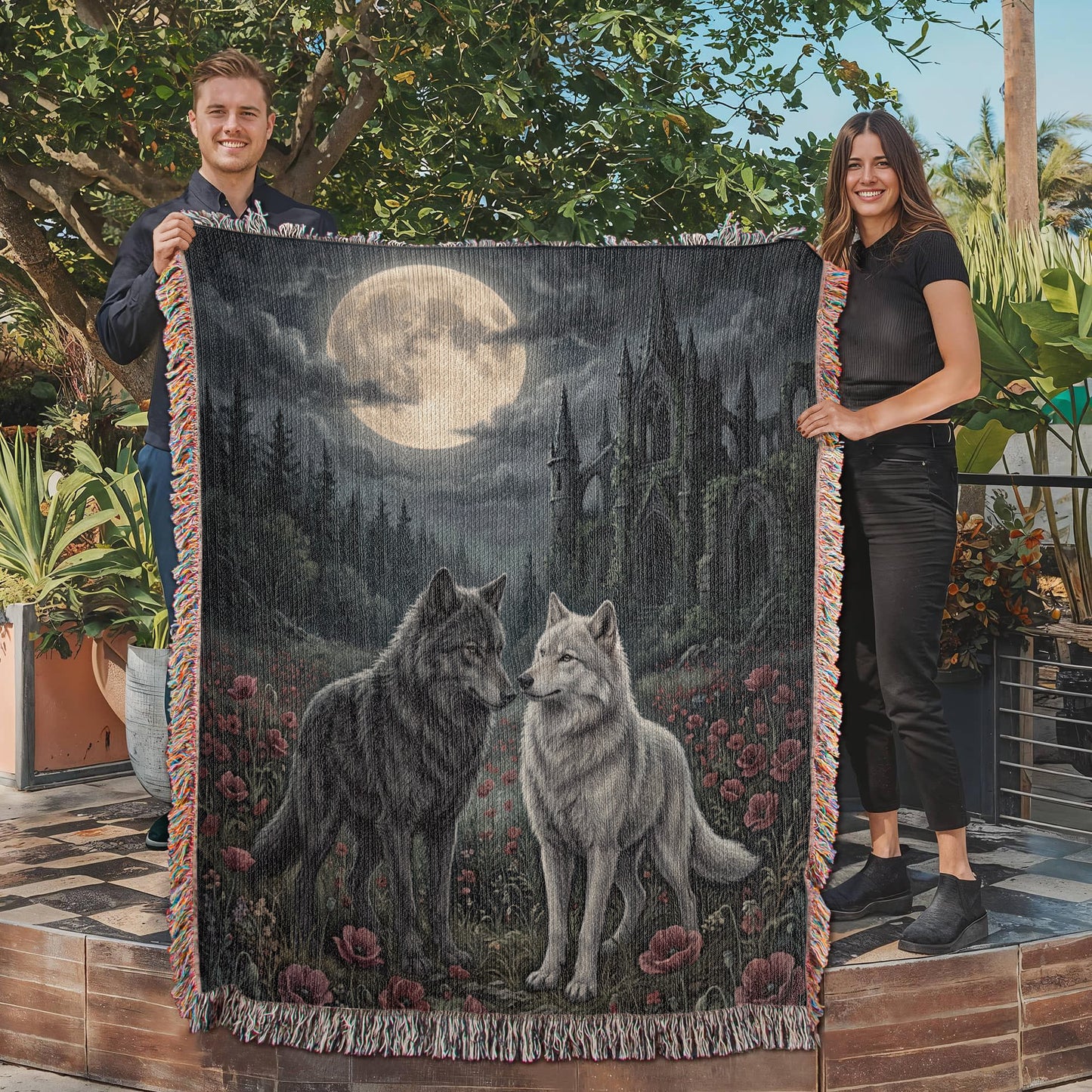 Gothic Wolf Couple Woven Blanket – Moonlit Castle, Poppy Field Tapestry