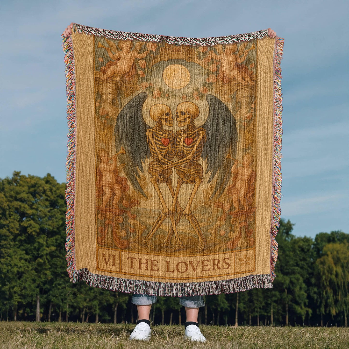 100% Cotton Woven Blanket – Gothic Skeleton Couple with Black Wings Surrounded by Cherubs, The Lovers Card Design