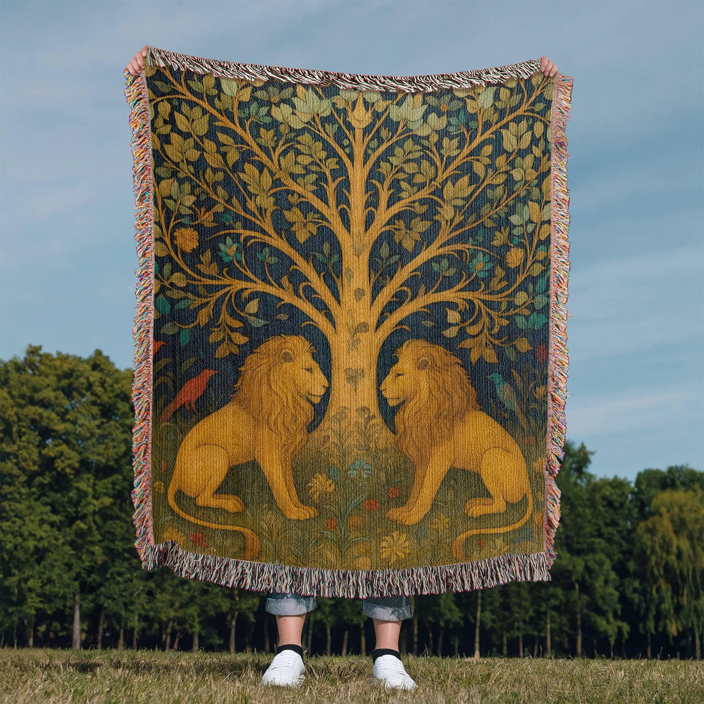 100% Cotton Woven Blanket – Majestic Lions under Forest Tree Gazing at One Another