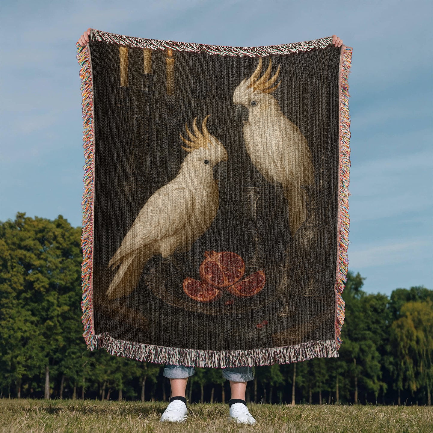 100% Cotton Woven Blanket – White Parrots on Table with Two Halved Pomegranates, Bronze Cup and Jug