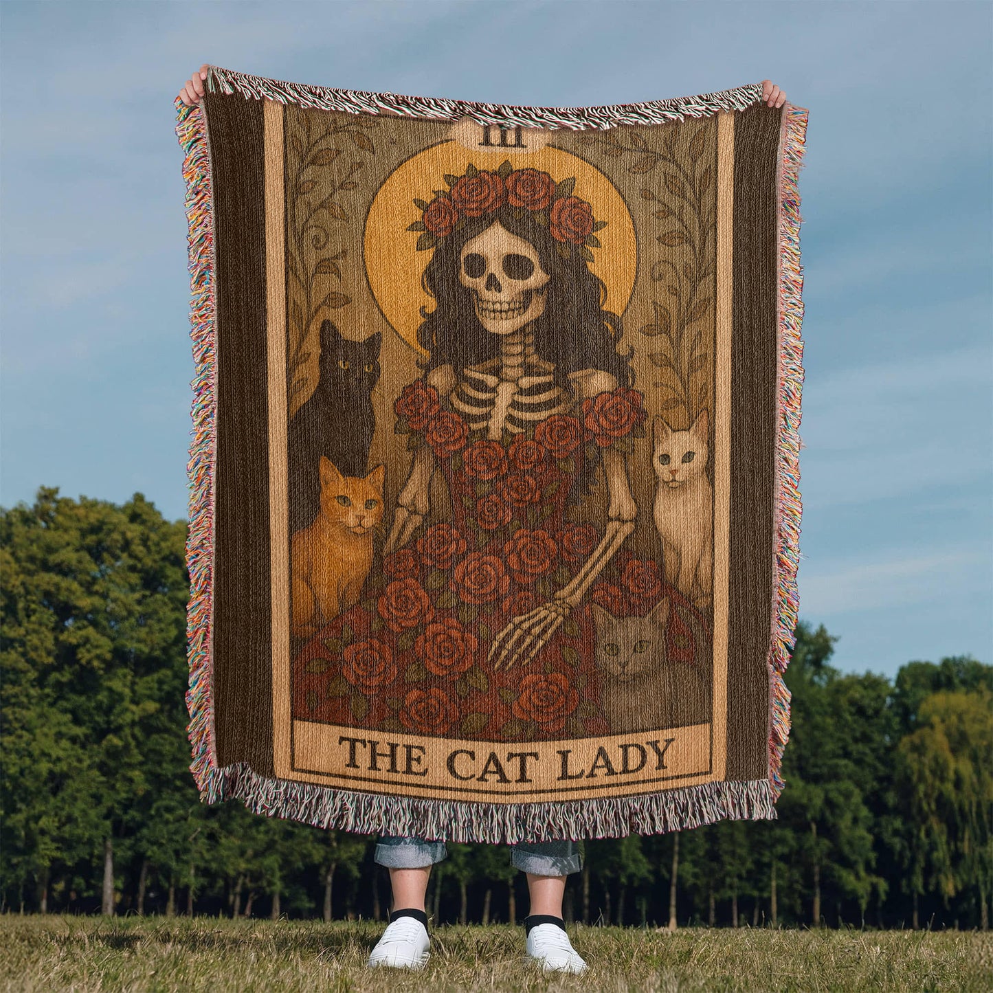 100% Cotton Woven Blanket – Gothic Skeleton Cat Lady Wearing Red Roses Gown with Four Cats, The Cat Lady Card Style