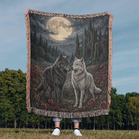 Gothic Wolf Couple Woven Blanket – Moonlit Castle, Poppy Field Tapestry
