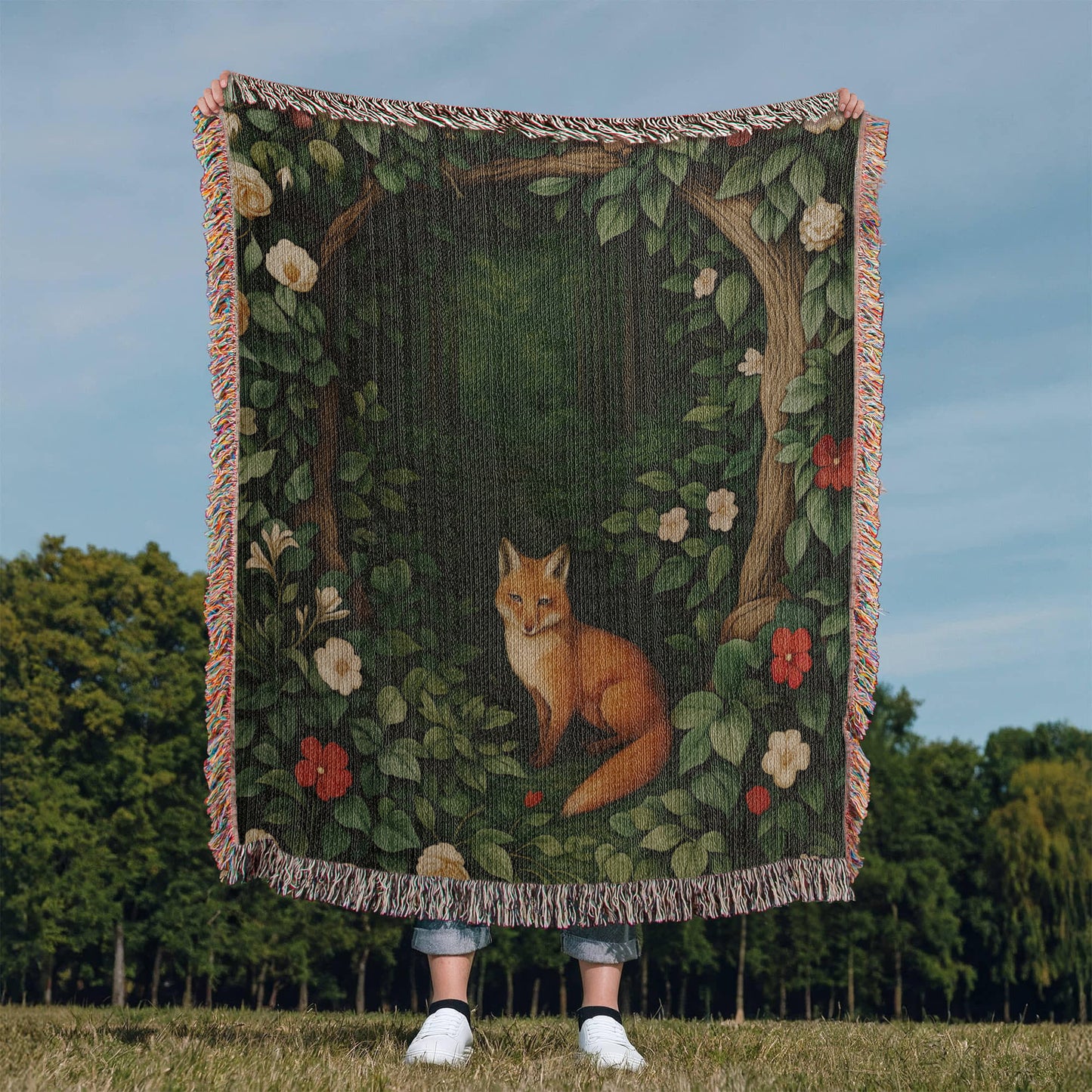 Cotton Woven Blanket – Woodland Fox among Leaves and Flowers
