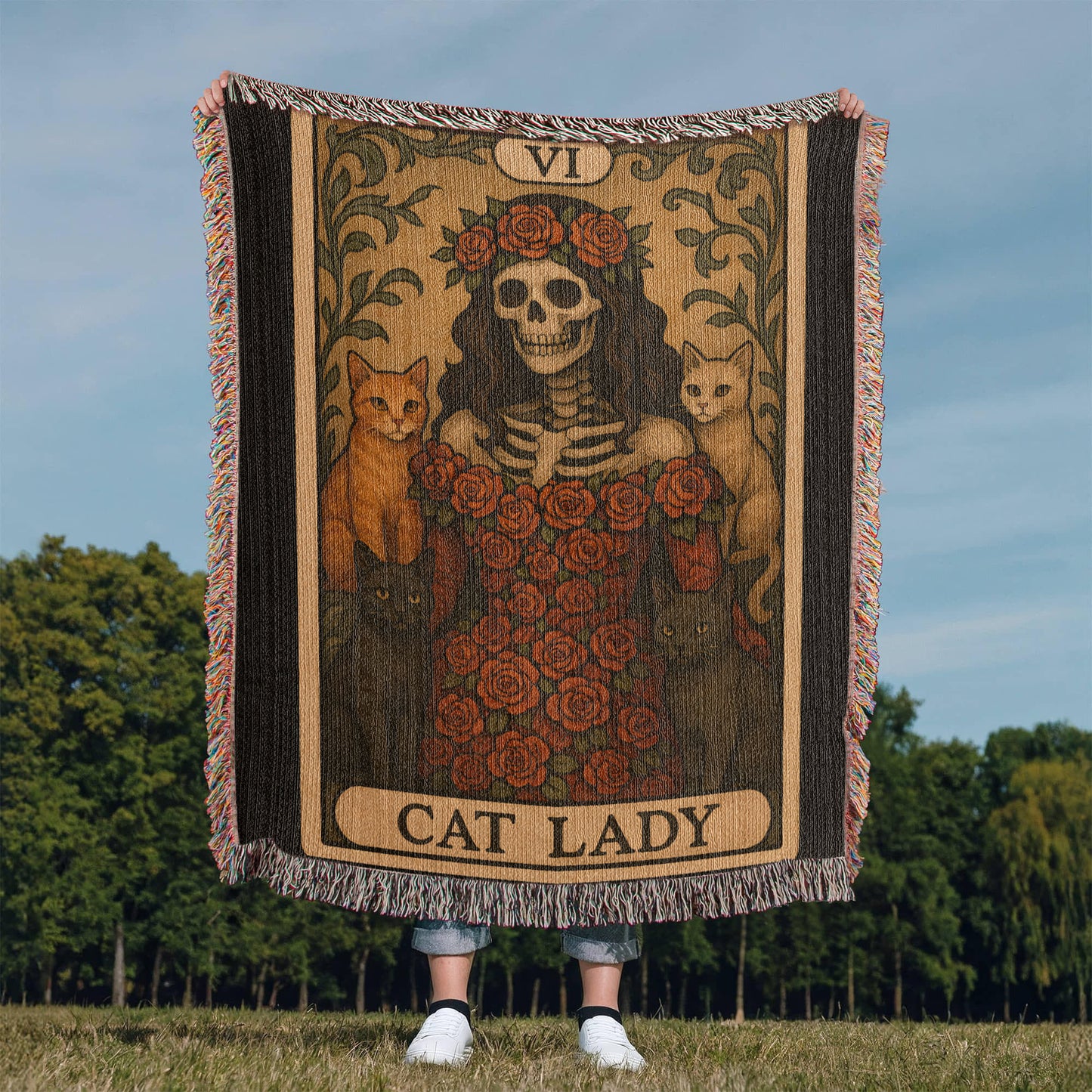 100% Cotton Woven Blanket – Gothic Skeleton Cat Lady Wearing Red Roses Gown with Four Cats, Cat Lady Card Style