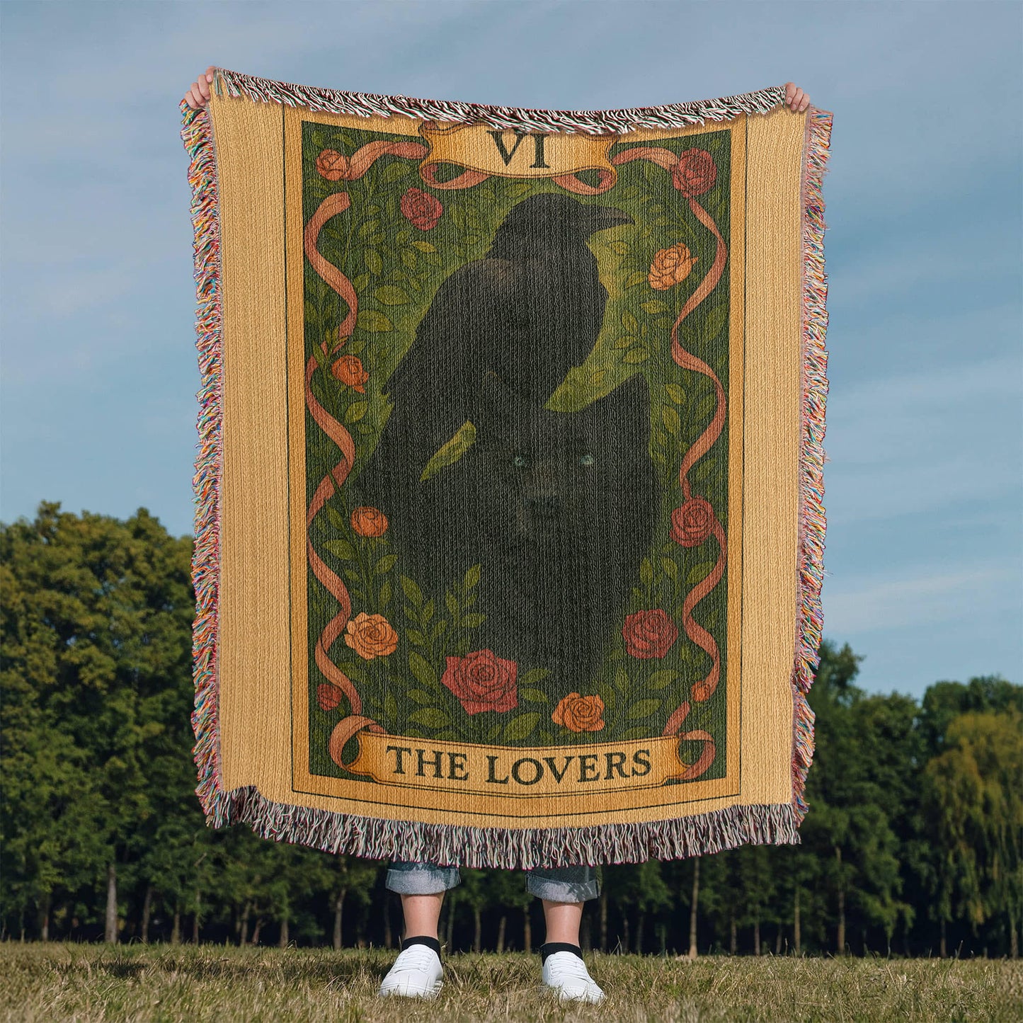 100% Cotton Woven Blanket – Mystic Black Wolf and Raven on Grass & Flowers, The Lovers Card VI