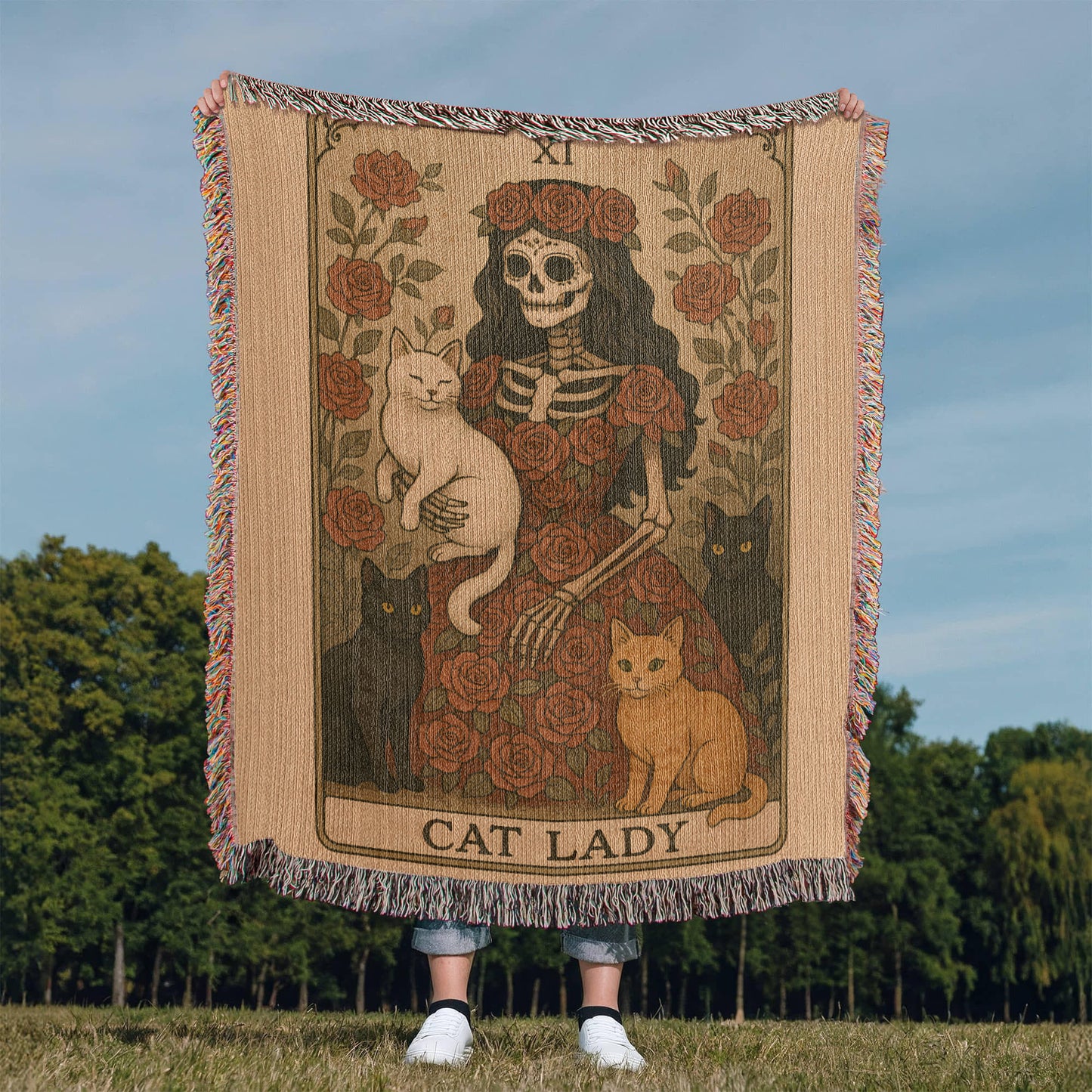 Premium Woven Cotton Throw – Skeleton Cat Lady Dressed in Red Roses with Four Cats, “Cat Lady” Card Artwork