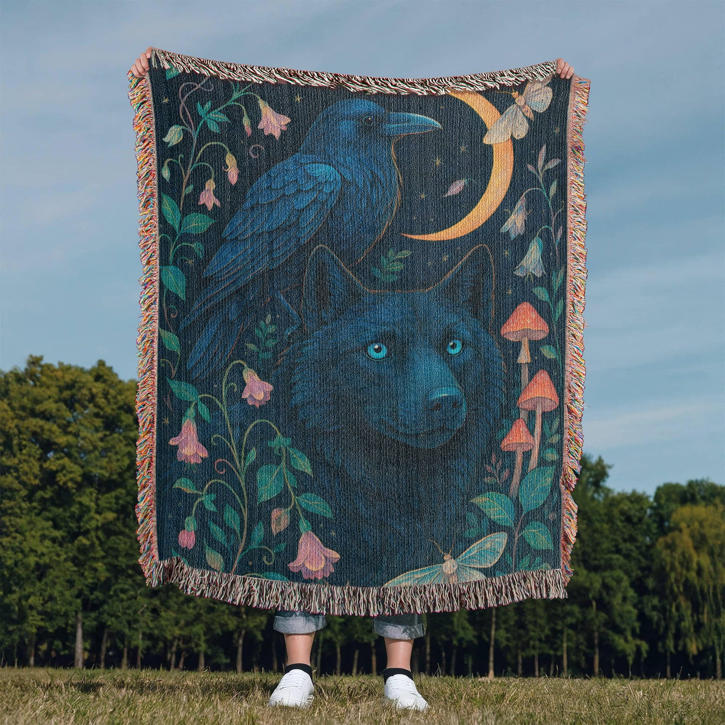 Premium Woven Cotton Throw – Enchanted Forest Scene with Black Wolf, Raven and Crescent Moon