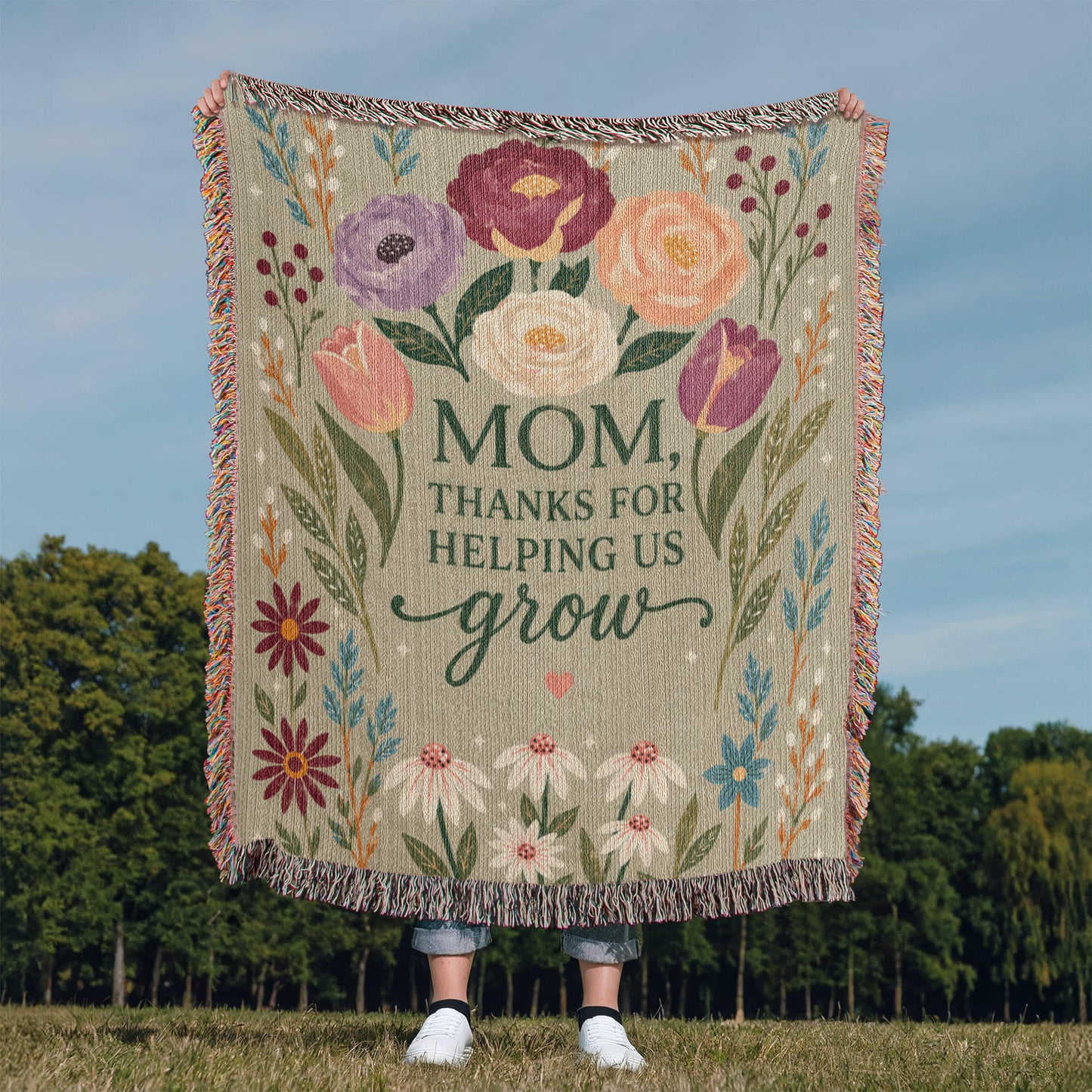 100% Cotton Woven Blanket – Mom Thanks for Helping Us Grow, Floral Mother's Day Throw, Gift for Mom