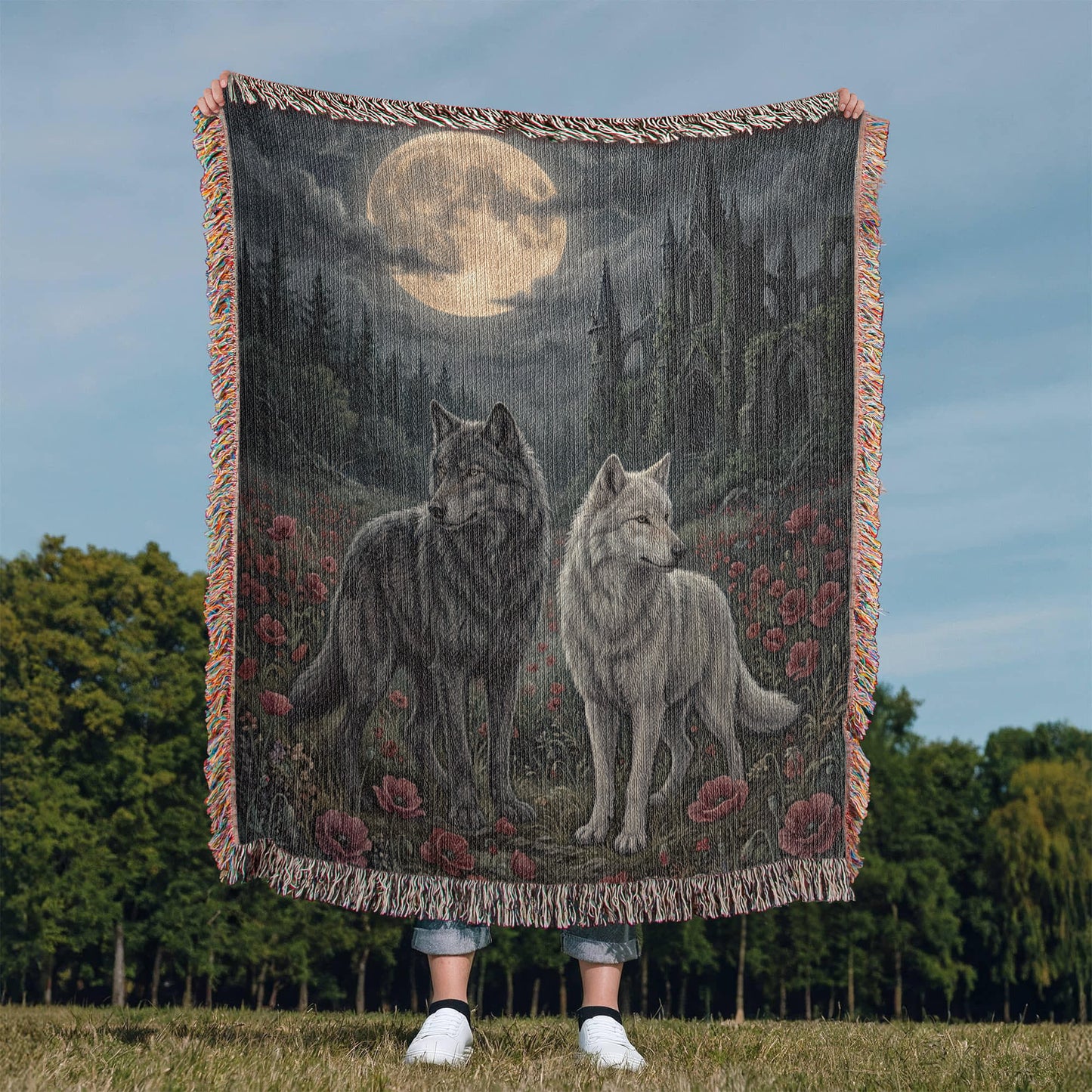Cotton Woven Blanket – Gothic Wolf Couple in Poppy Field under Moon